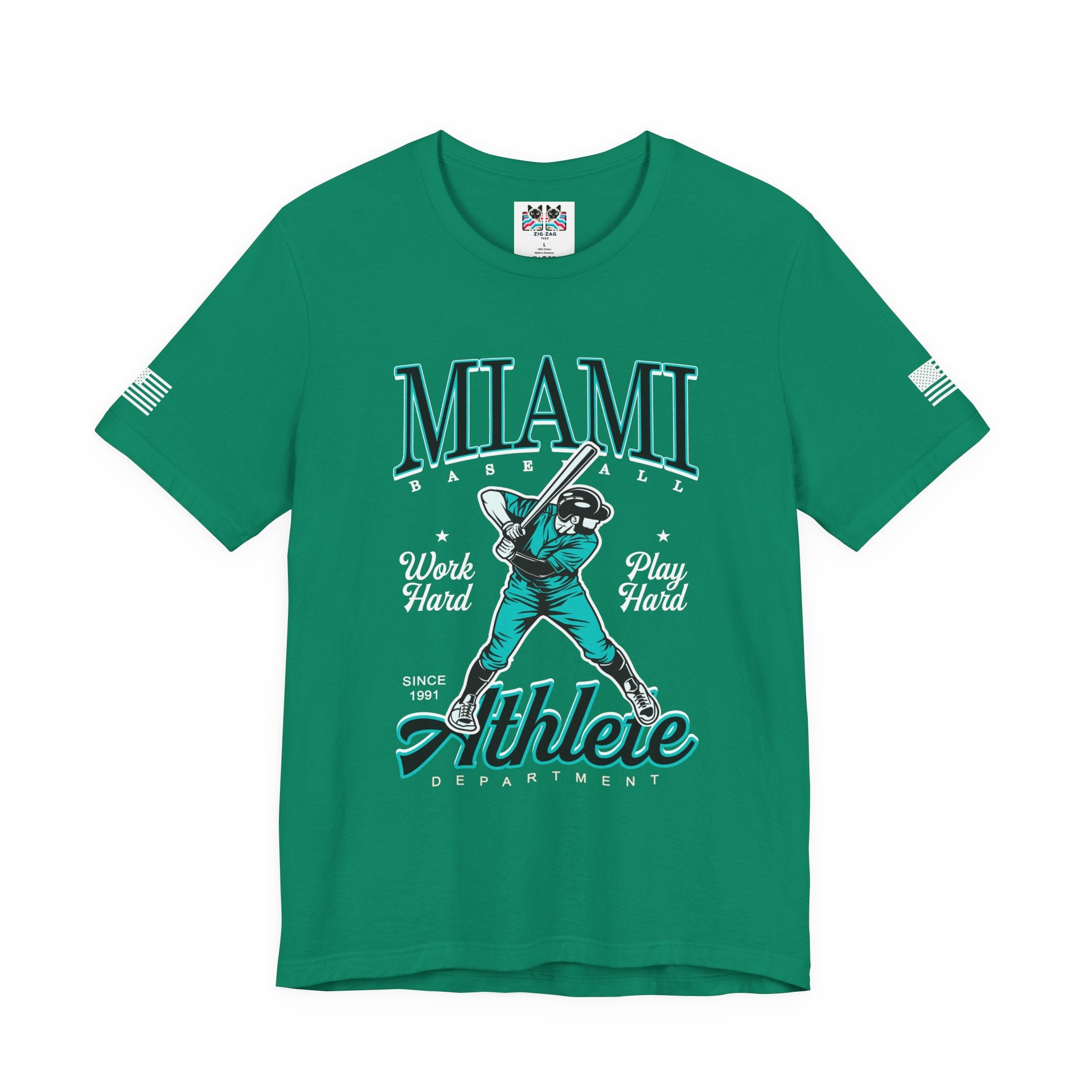 Miami Baseball Athlete Department T-Shirt – Work Hard Play Hard Since 1991 Graphic Tee