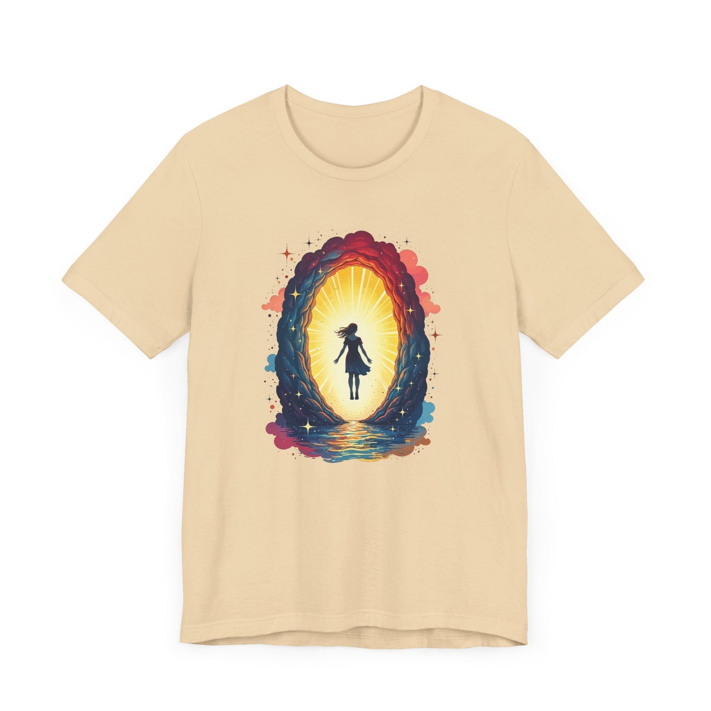 Interdimensional Chill – Floating Woman in Cosmic Portal Graphic T-Shirt