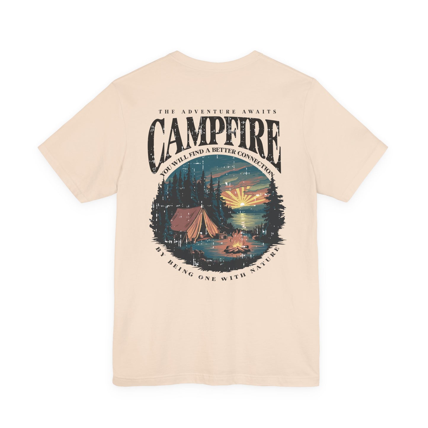 The Adventure Awaits Campfire T-Shirt – Forest Sunset Reflection Graphic