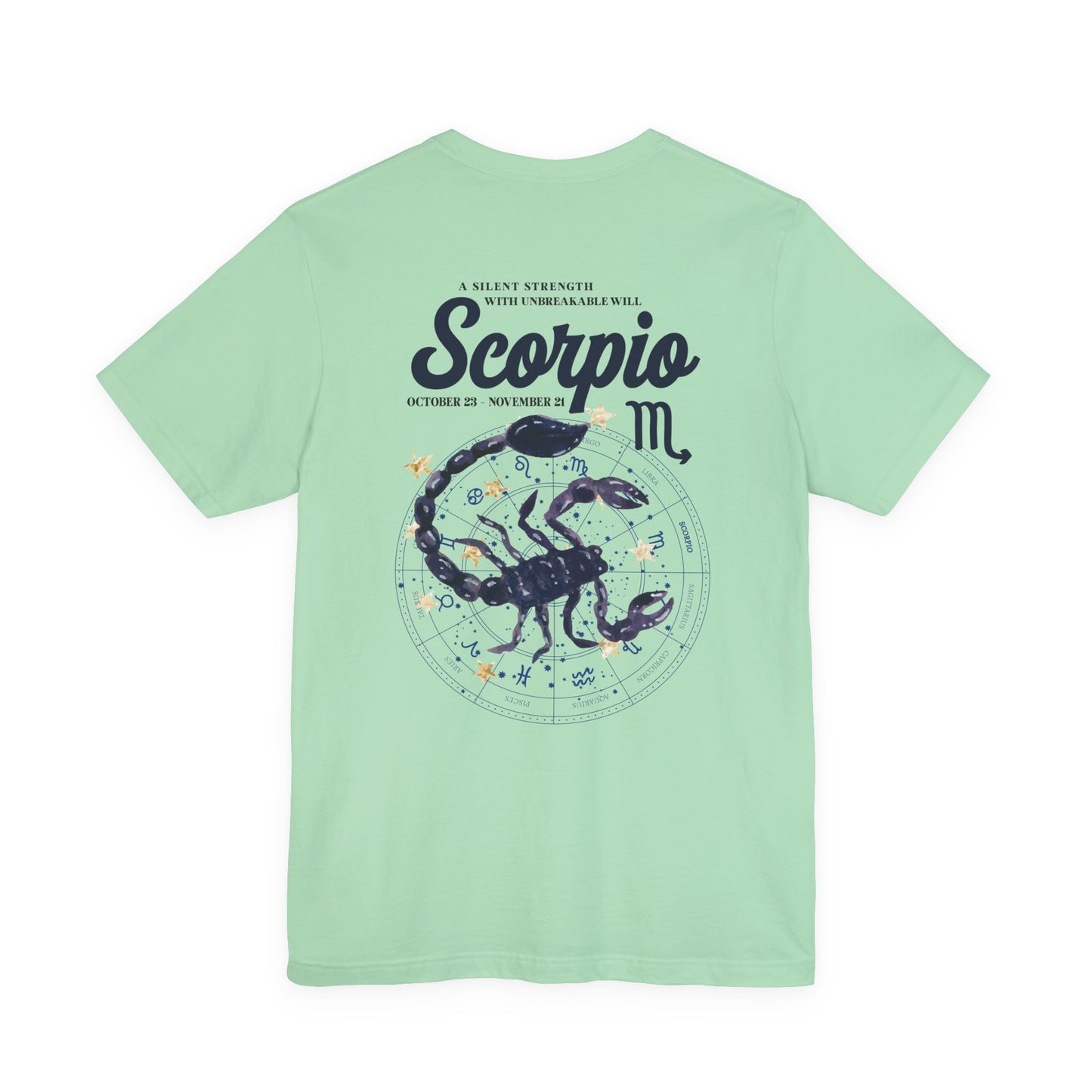 Scorpio Silent Strength T-Shirt – Scorpion with Zodiac Calendar Background