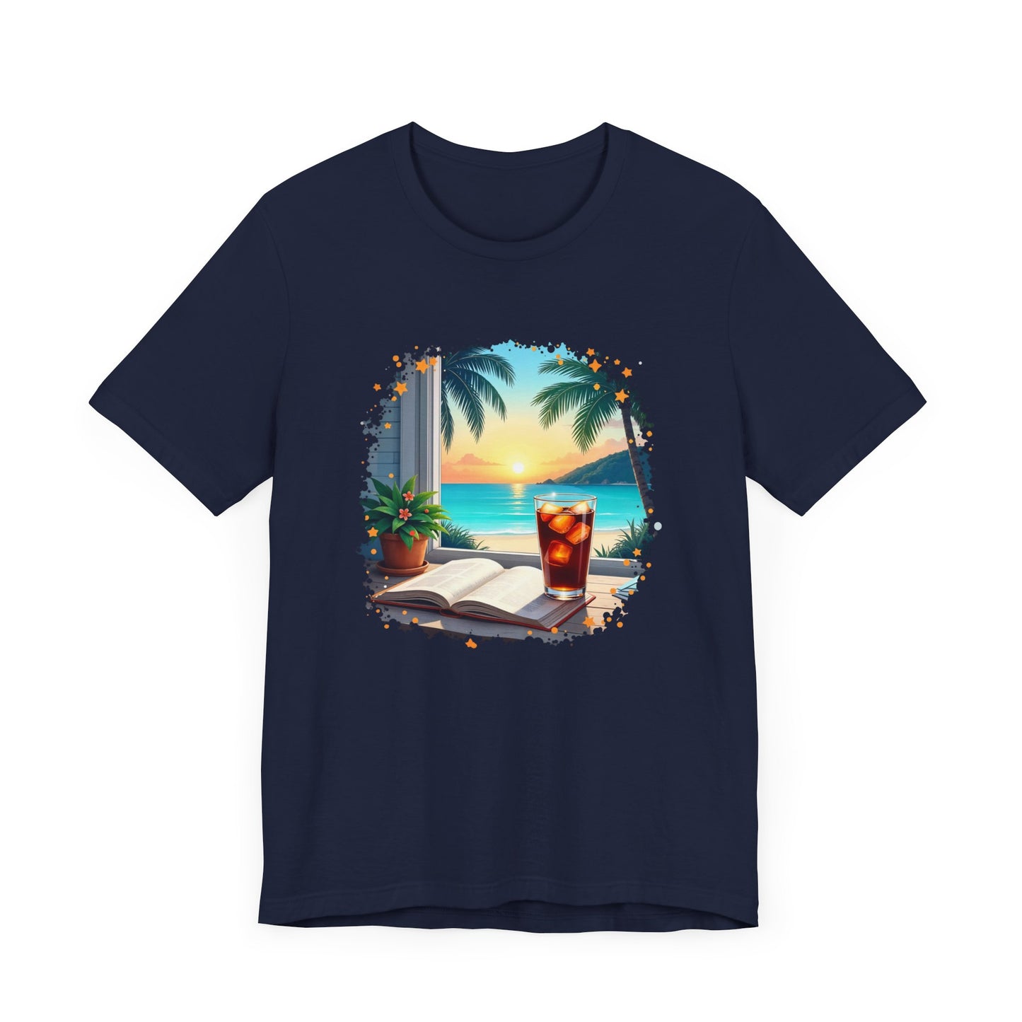 Romanticize Everything - Beachside Serenity – Table with Book, Drink & Flower Pot by Window Graphic T-Shirt