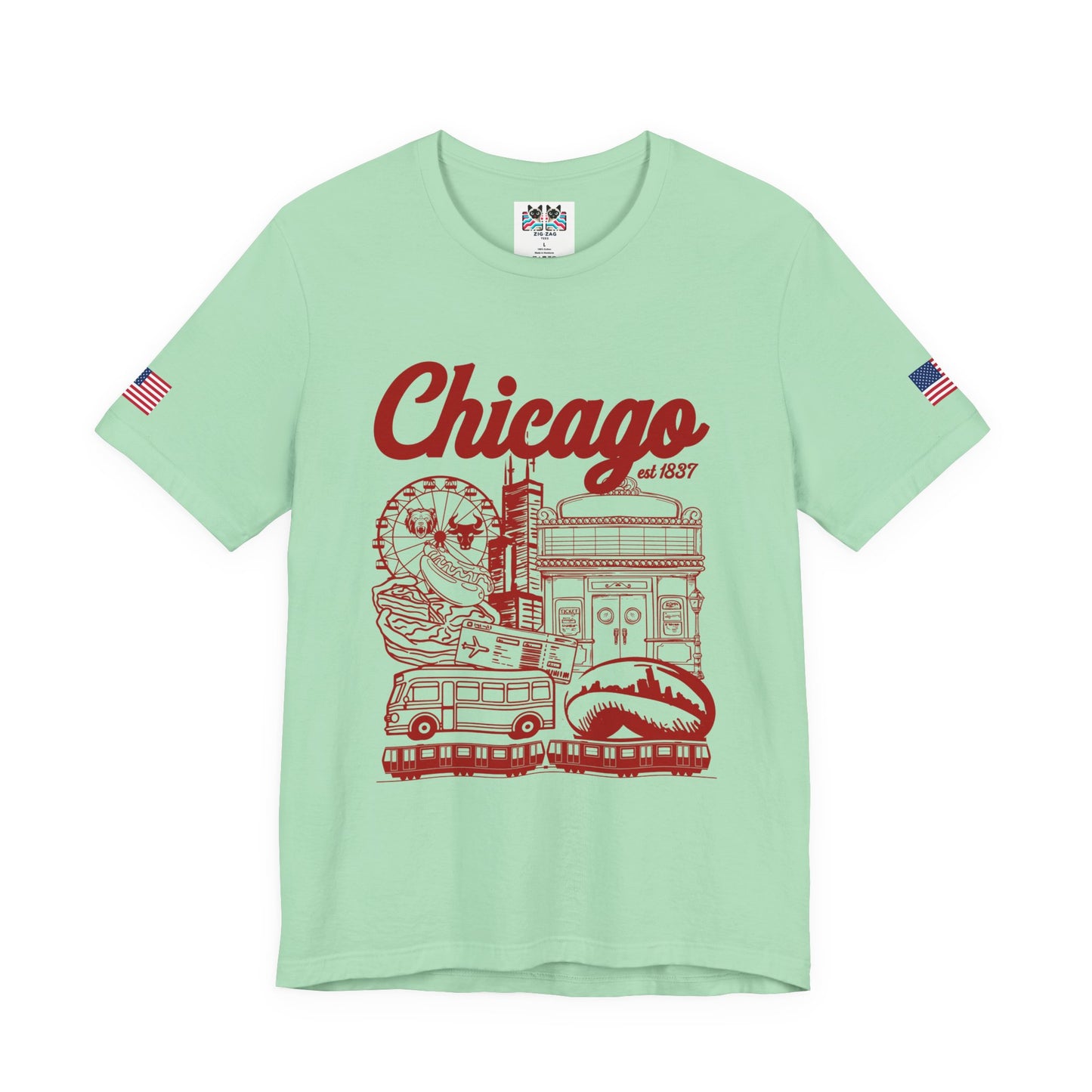 Chicago Est 1837 T-Shirt - Iconic Landmarks Yellow Red Illinois Tourist Collage