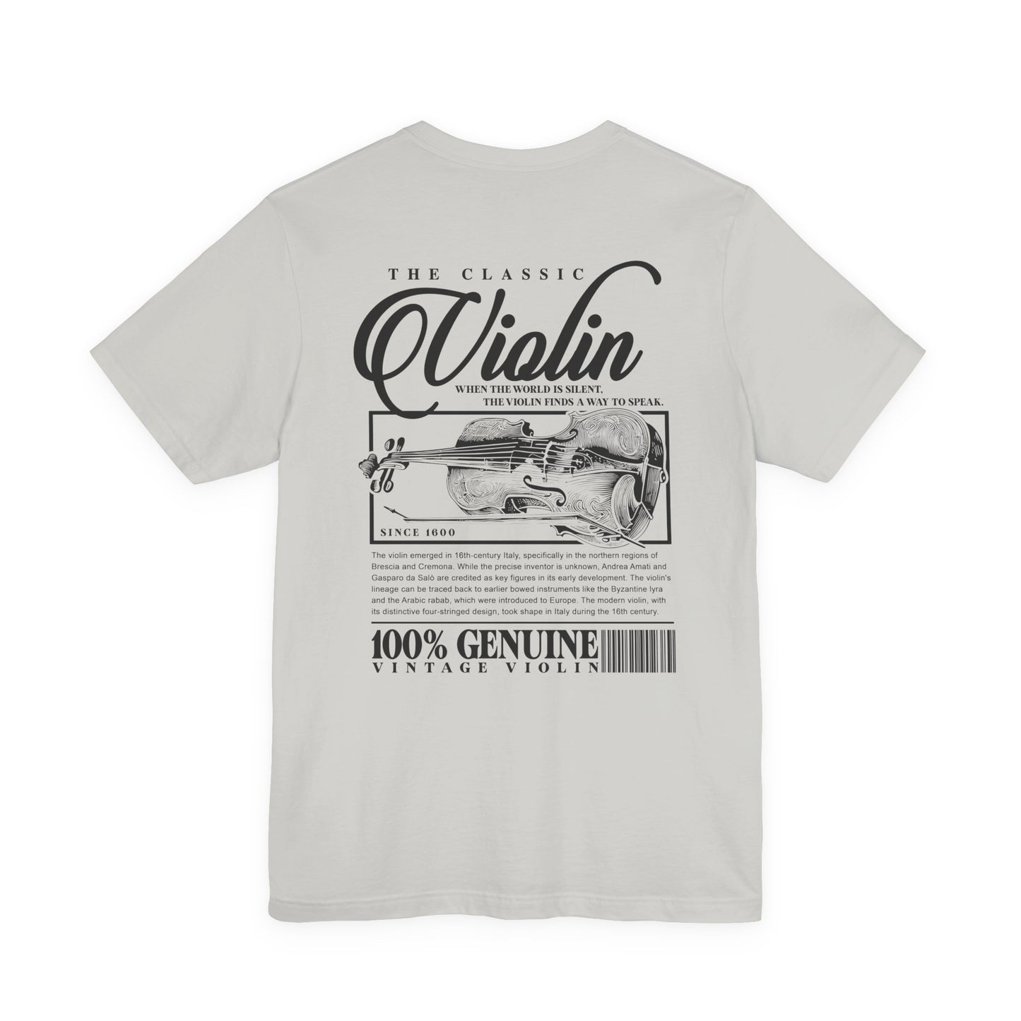 The Classic Violin T-Shirt – Vintage Instrument & 16th Century Story [Black Text]