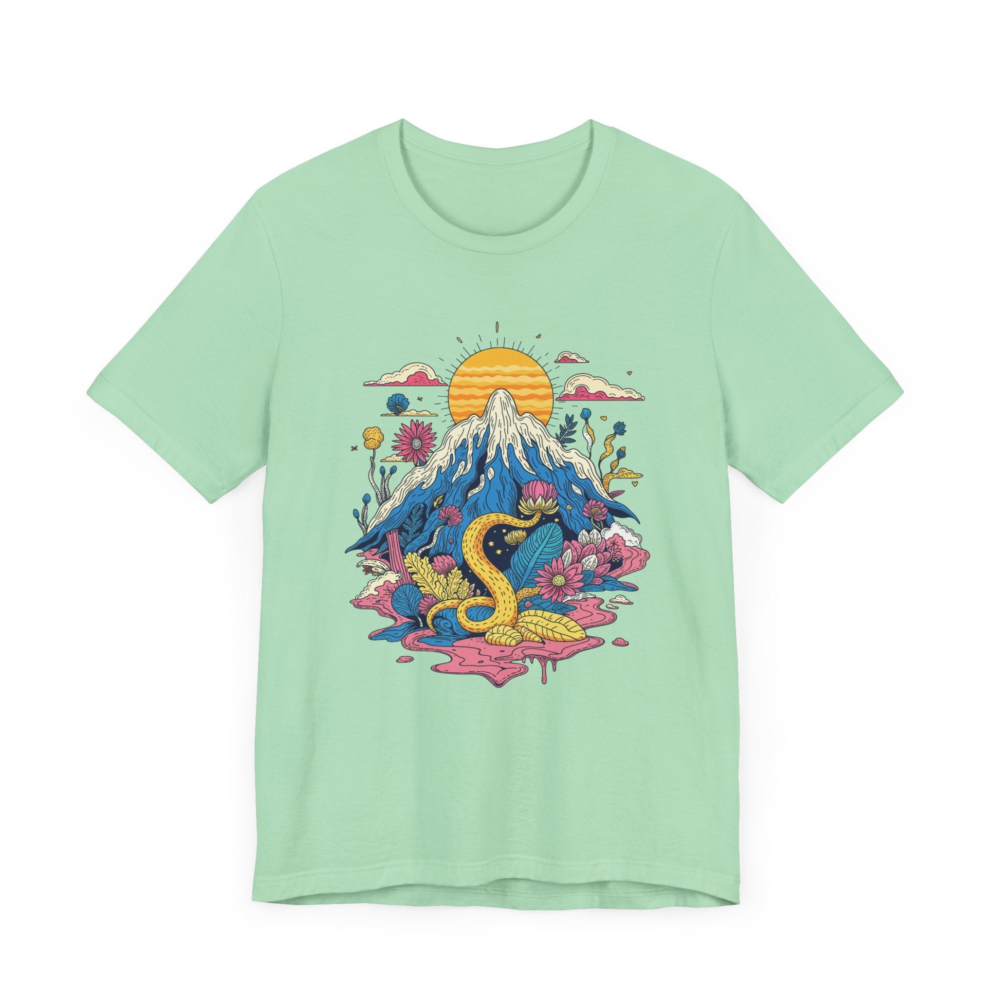 Psychological Jungle Mountain – Psychedelic Sun and Jungle Landscape Graphic T-Shirt