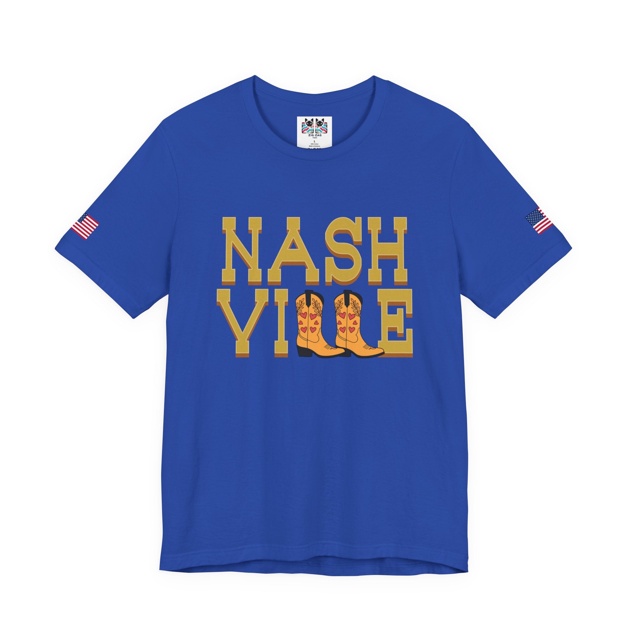 Nashville T-Shirt – Bold Gold Block Letter Cowboy Boots Graphic Tee