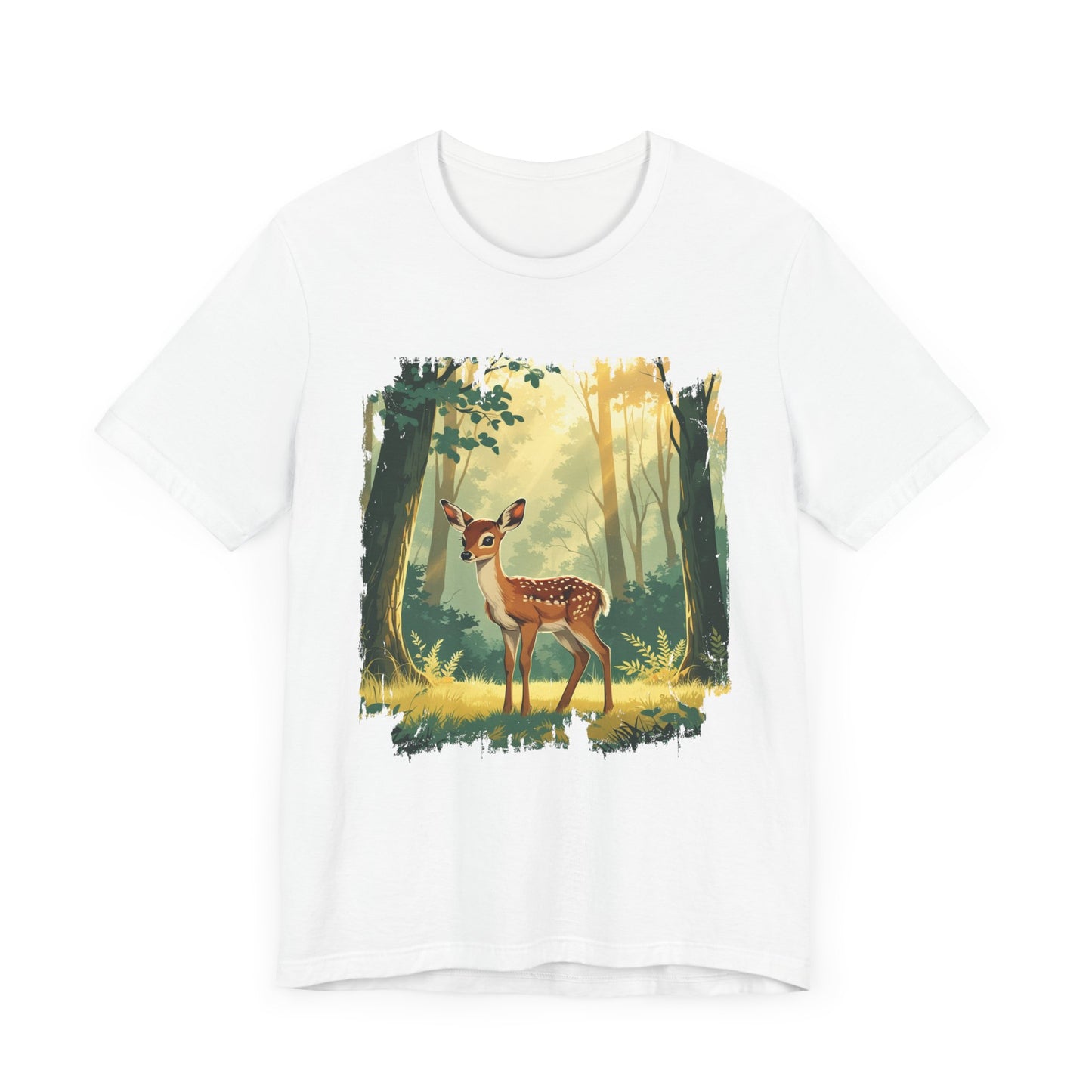 Curious Baby Deer Standing in serene forest with Sunlight Through Trees Graphic T-Shirt