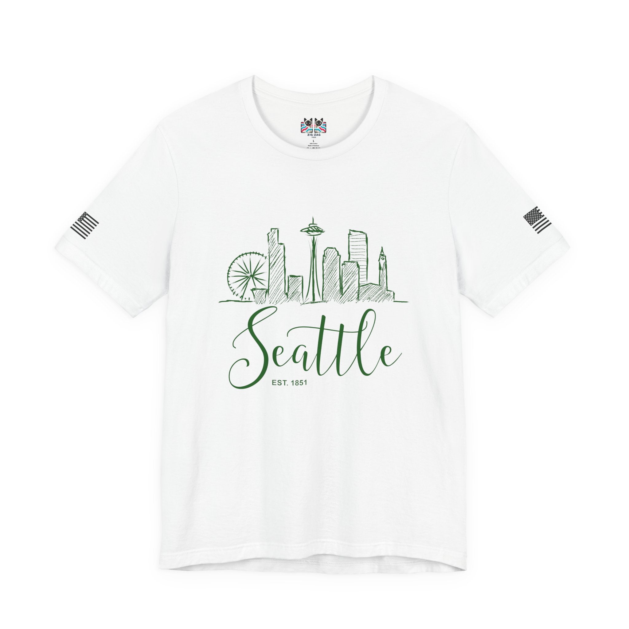 Seattle EST 1851 Hand-Drawn Sketch Skyline Script T-Shirt | Seattle Souvenir Tee | Space Needle Great Wheel Shirt