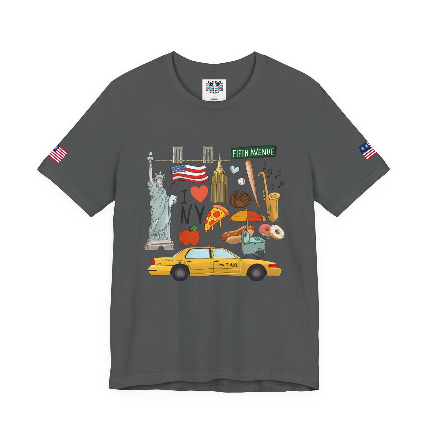 I Love NY T-Shirt - New York City Icons Graphic Tee with Statue of Liberty, Taxi & Food