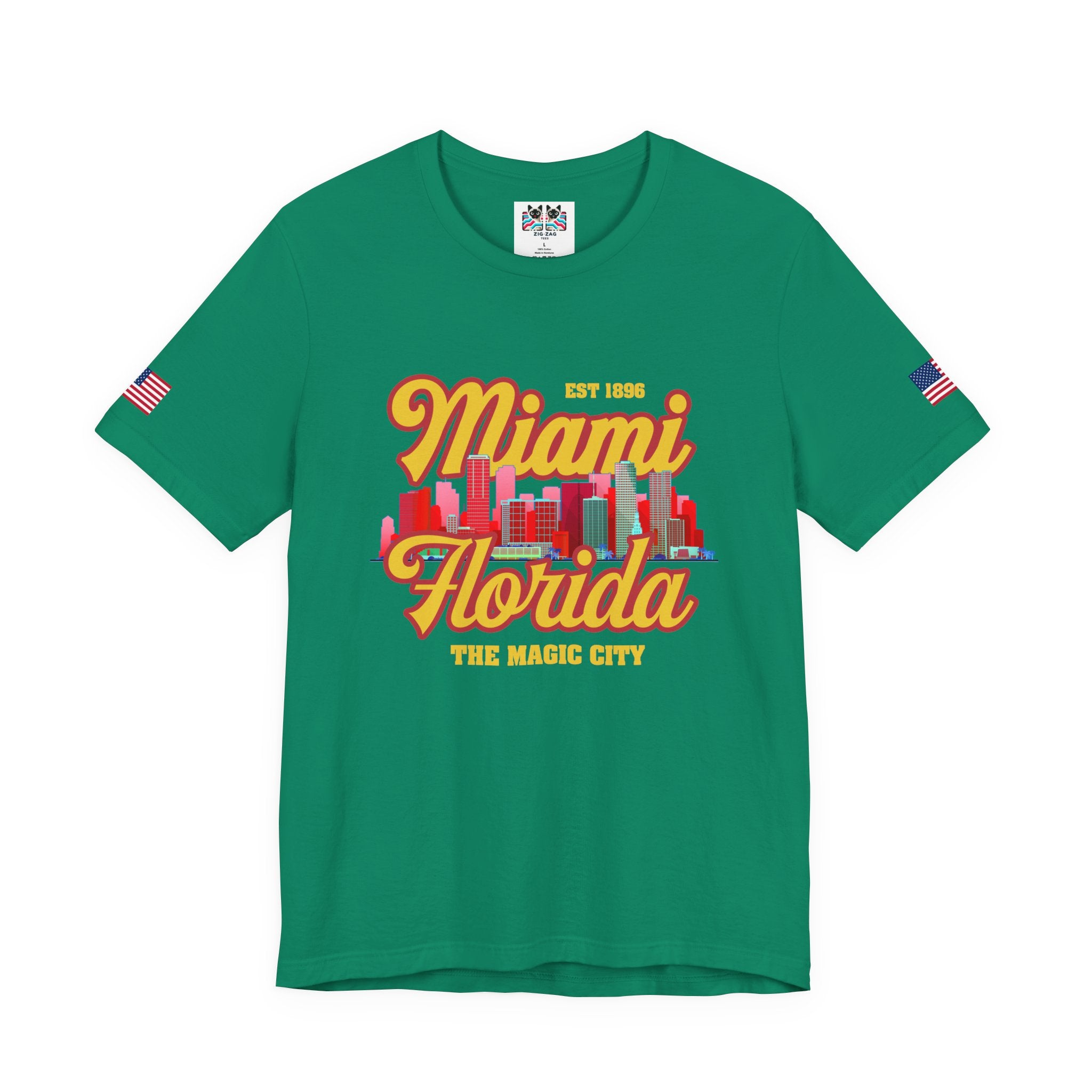 Miami Florida EST 1896 The Magic City T-Shirt – Retro Script Colorful Skyline Tee