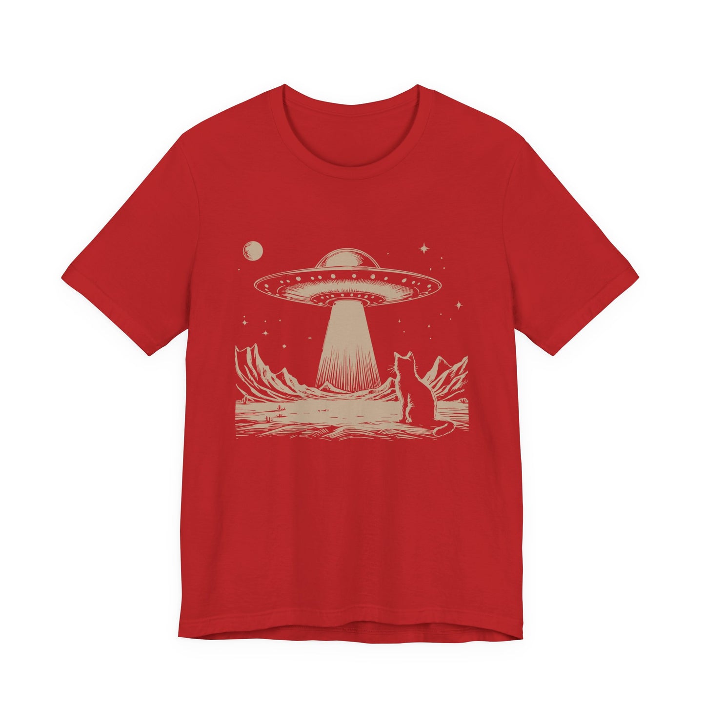 Cat Watching UFO T-Shirt – Mysterious Space Scene Graphic Tee