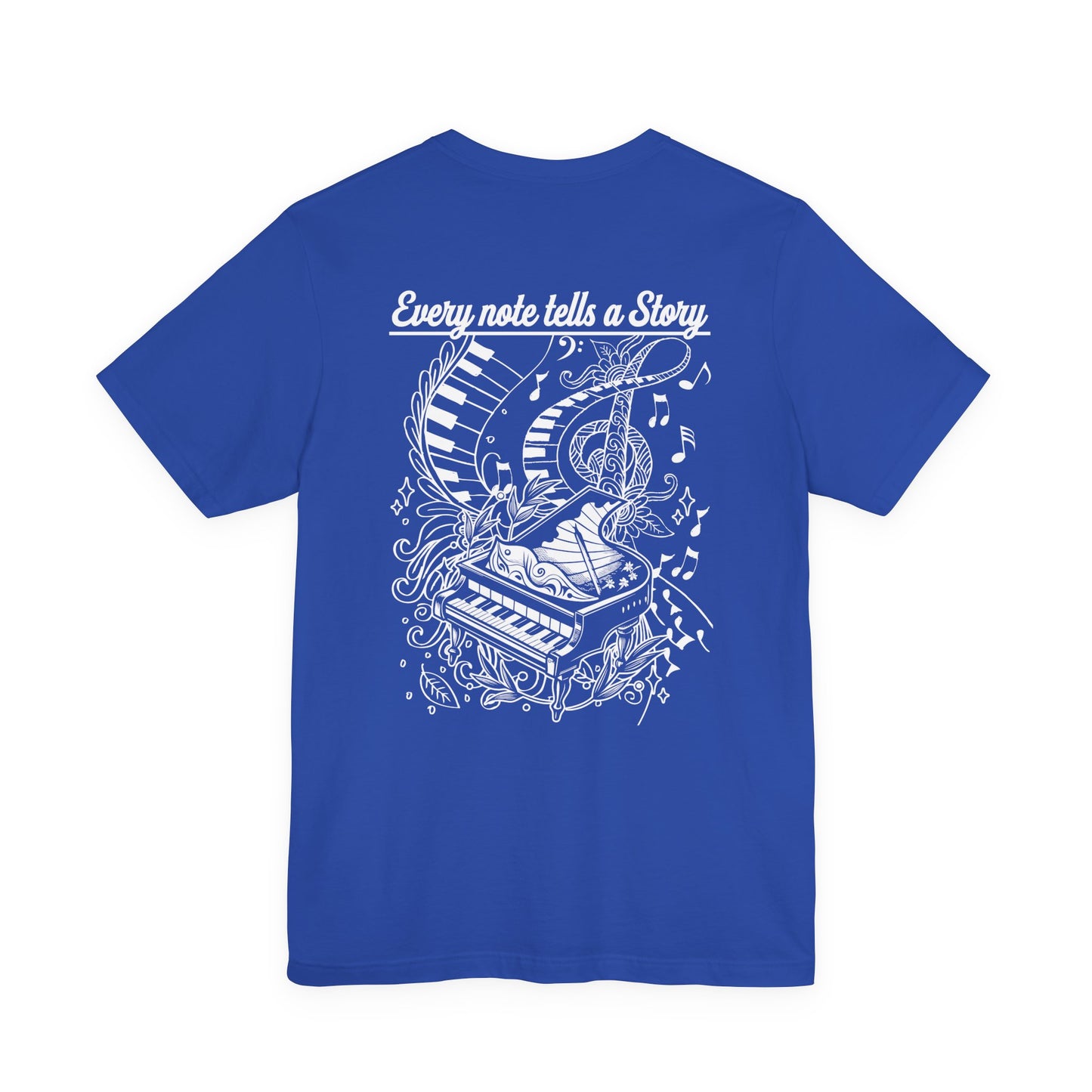 Grand Piano Story T-Shirt – Artistic Music Notes & Keys Graphic