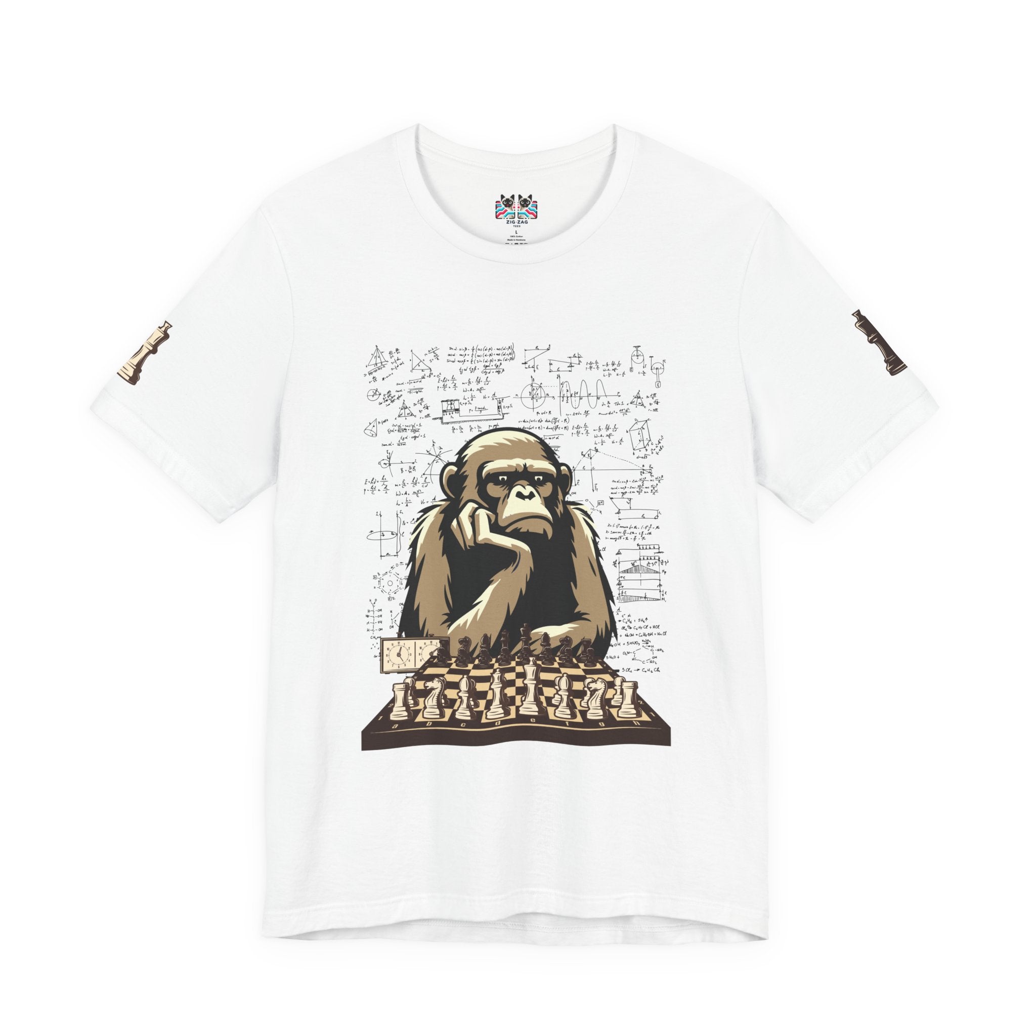 Thinking Monkey Chess T-Shirt – Intelligent Chimp Mathematical Formulas Graphic Tee