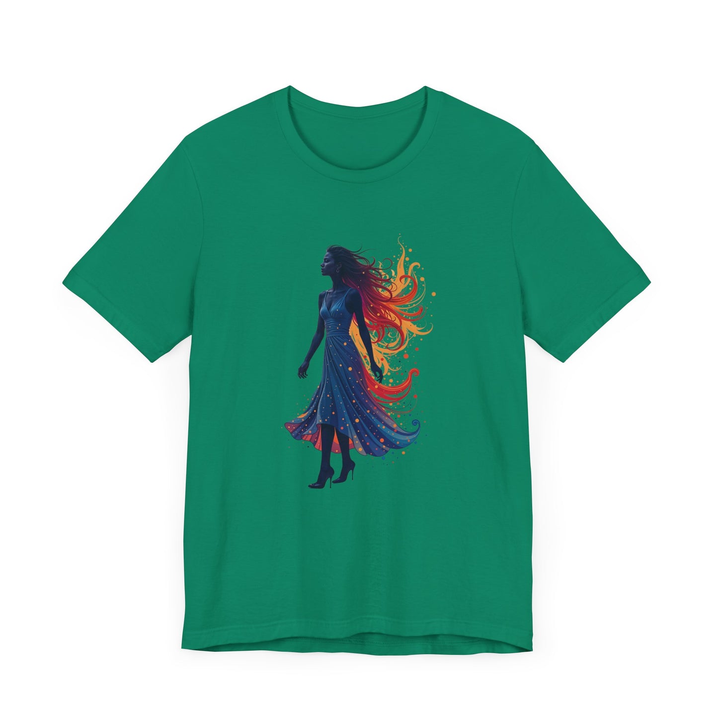 Graceful Woman with Swirling Autumn Aura – Abstract Colorful Swirl Graphic T-Shirt