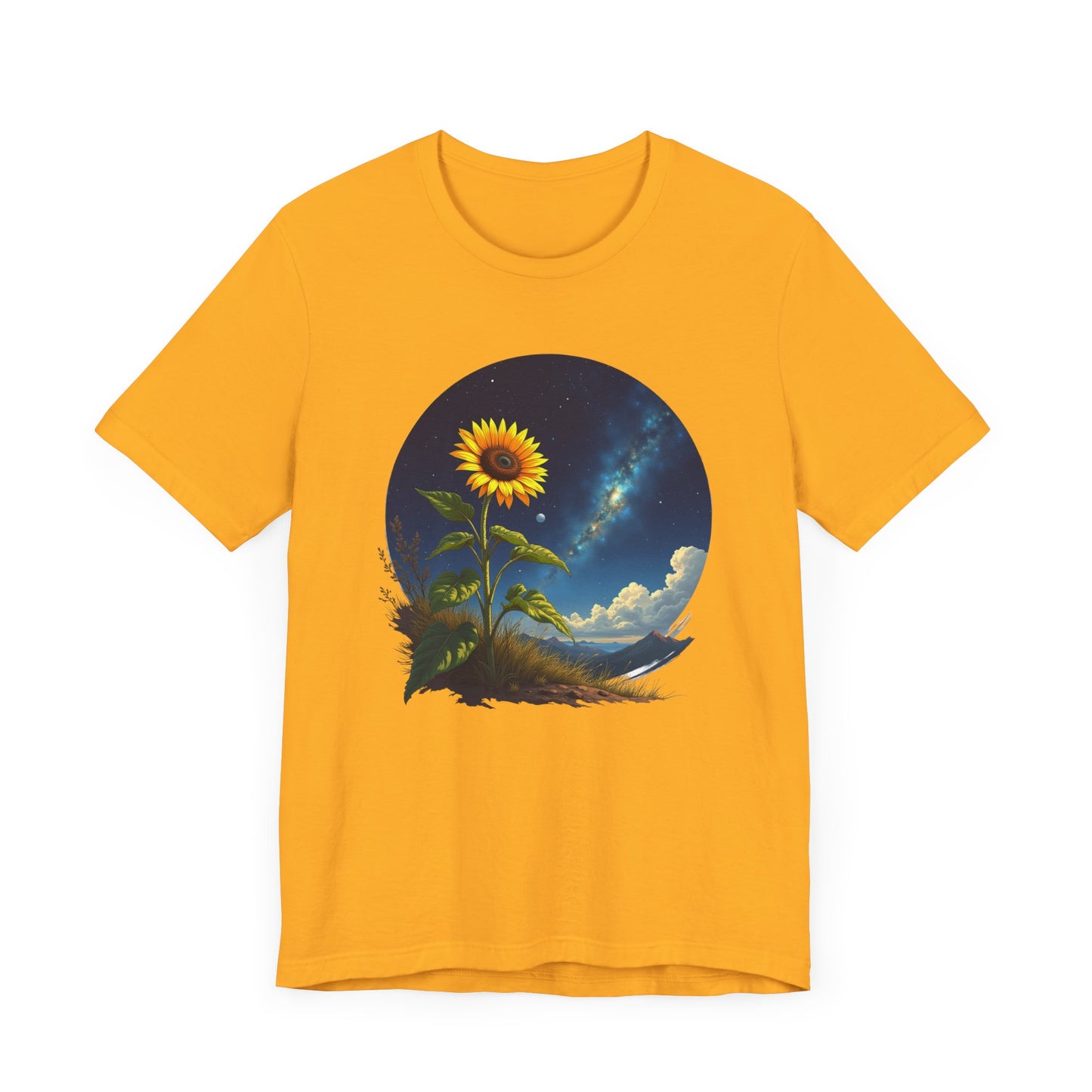 Cosmic Bloom Sunflower with Sky, Clouds & Mountains Reaction Graphic T-Shirt