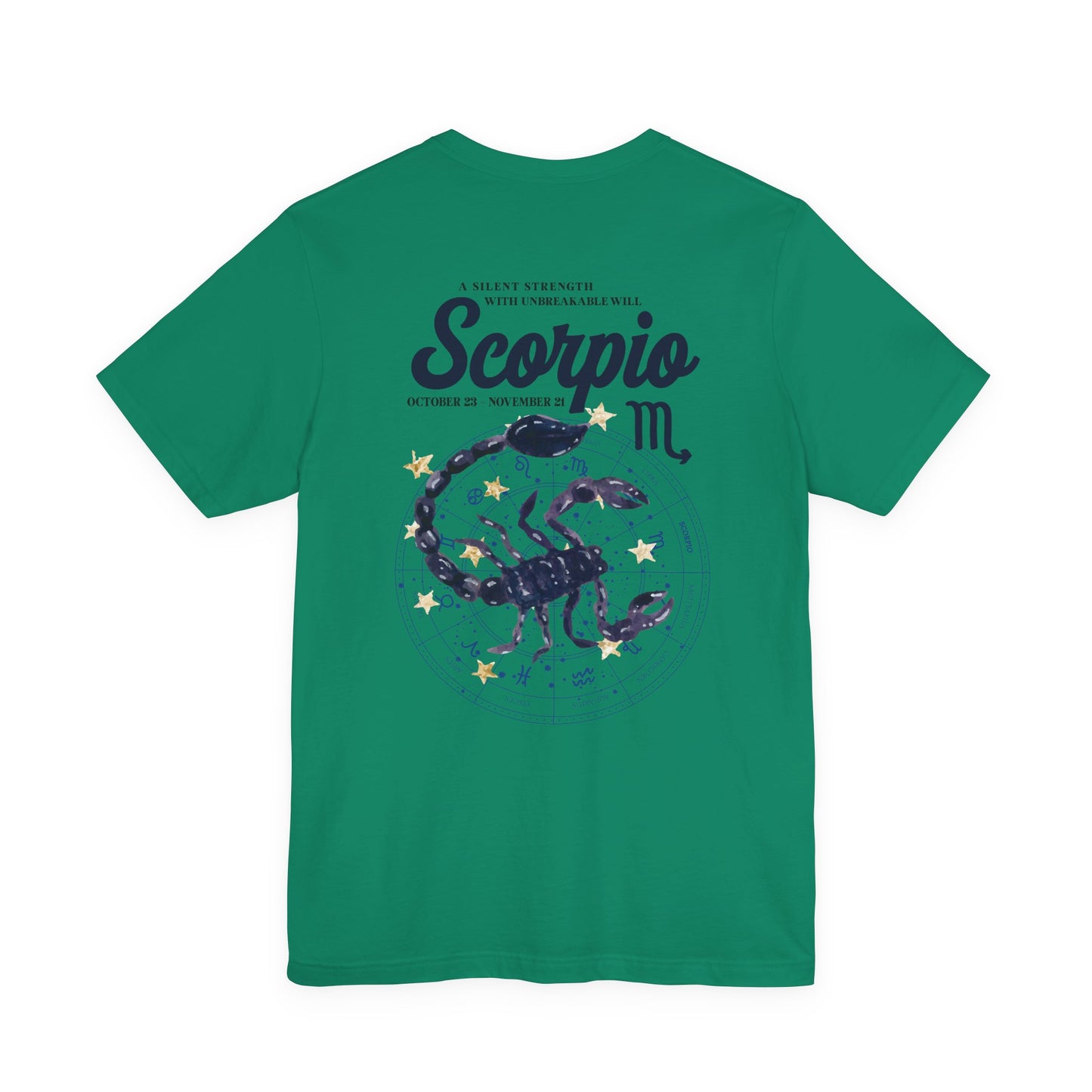 Scorpio Silent Strength T-Shirt – Scorpion with Zodiac Calendar Background