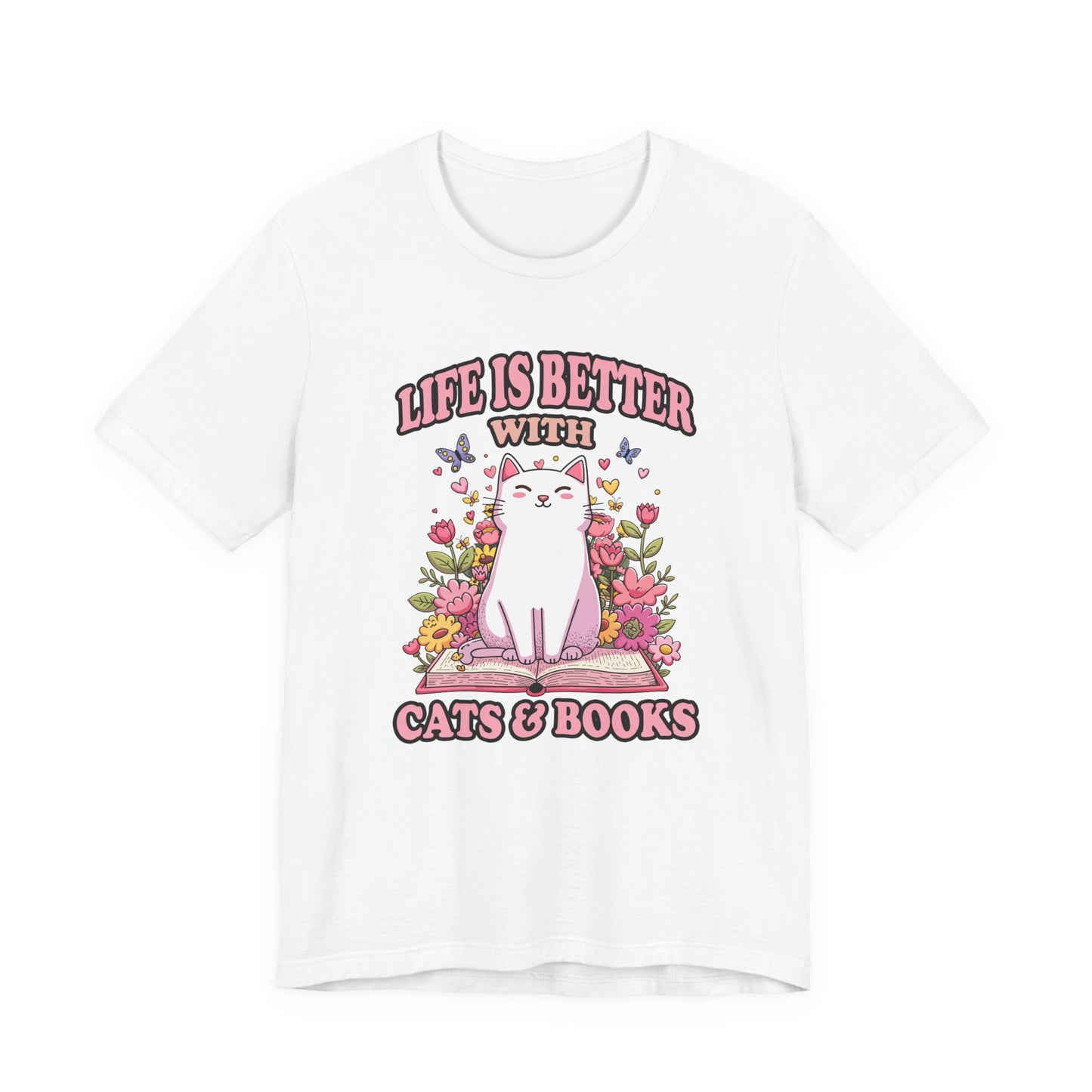 Life Is Better With Cat And Books Tshirt Cat Sitting on Open Book Flower Graphic