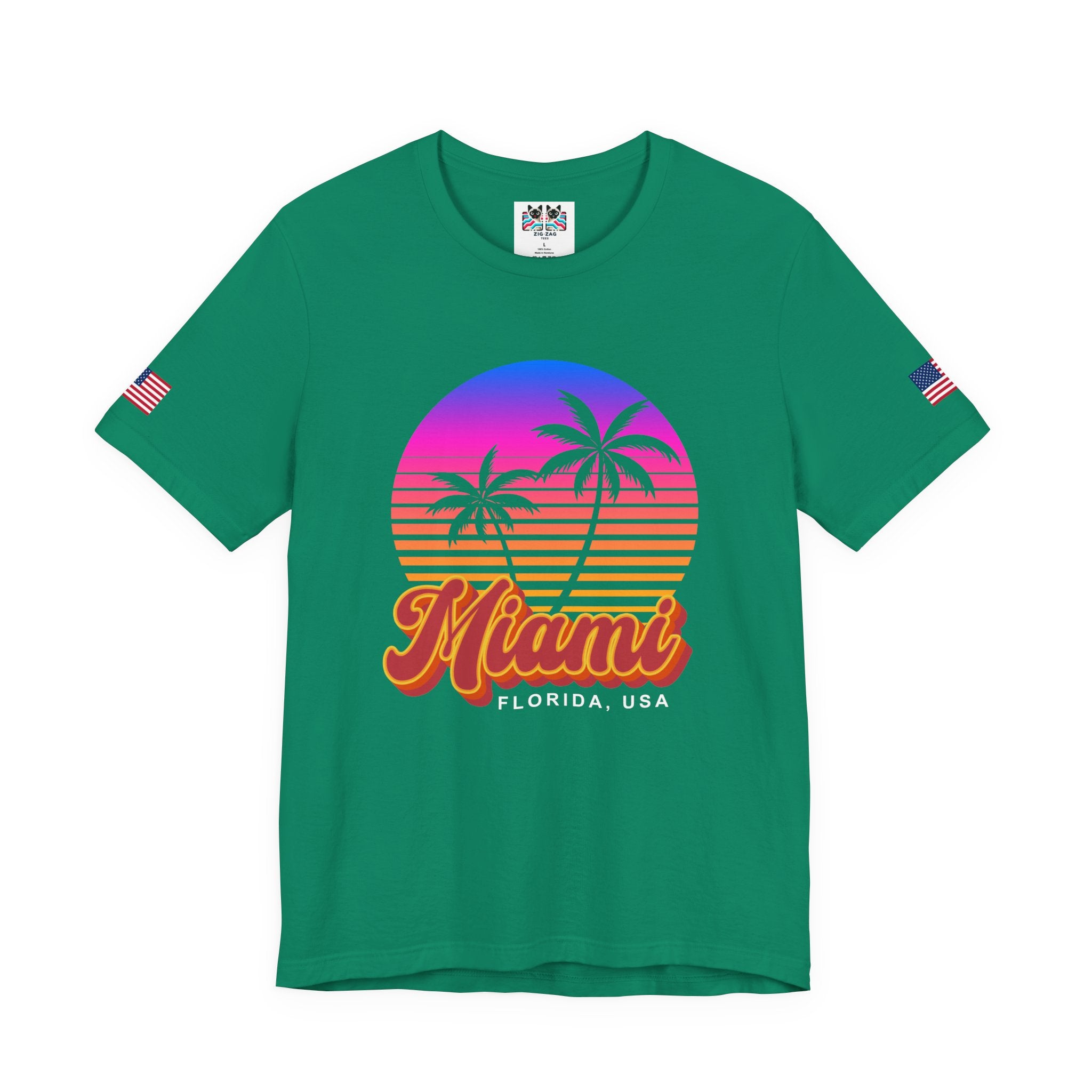 Miami Florida USA T-Shirt – Retro Neon Sunset Palm Tree Circle Graphic Tee