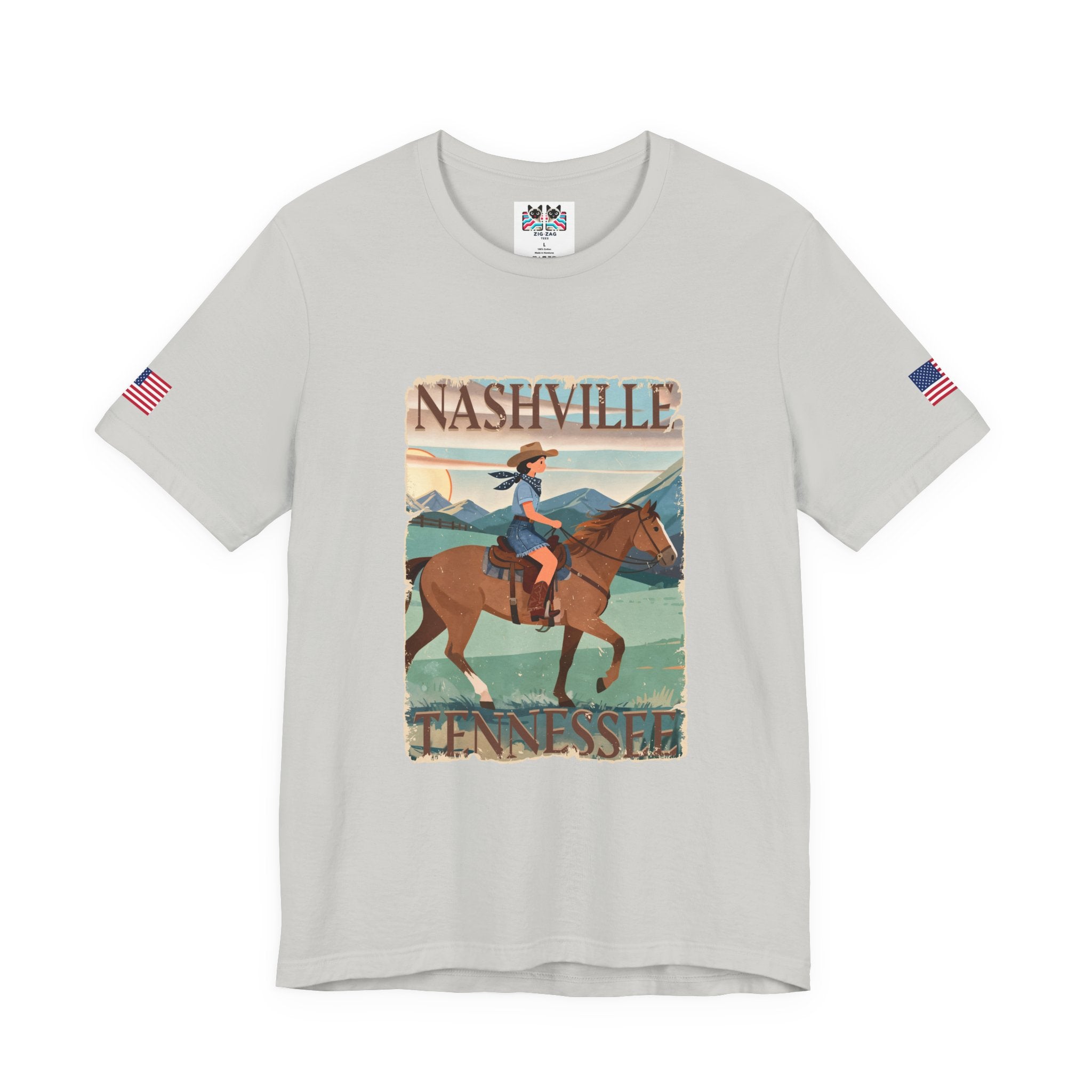 Nashville Tennessee T-Shirt – Vintage Cowgirl Horseback Riding Travel Poster Style Graphic Tee