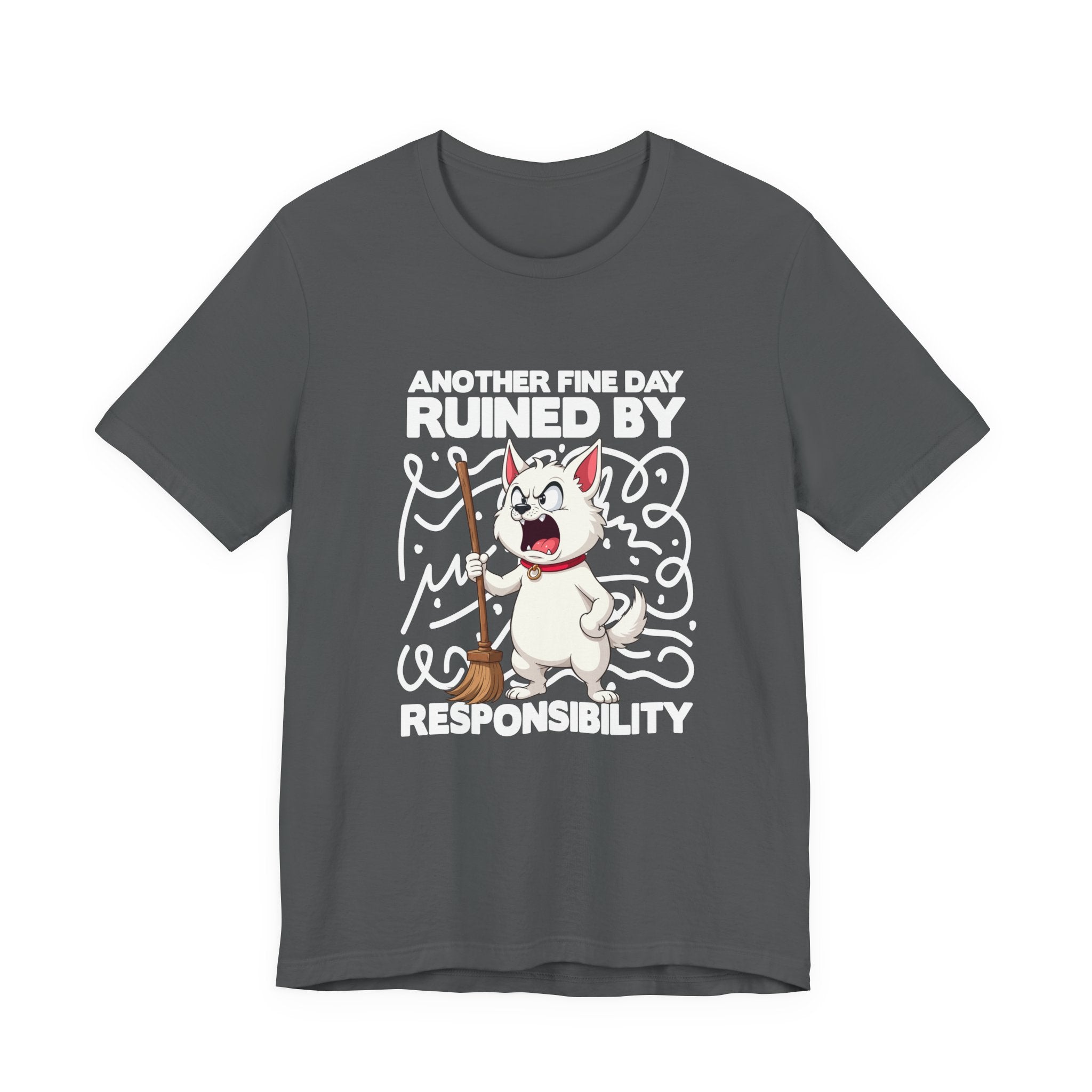 Another Fine Day Ruined By Responsibility T-Shirt – Angry Cat with Broom Graphic Tee