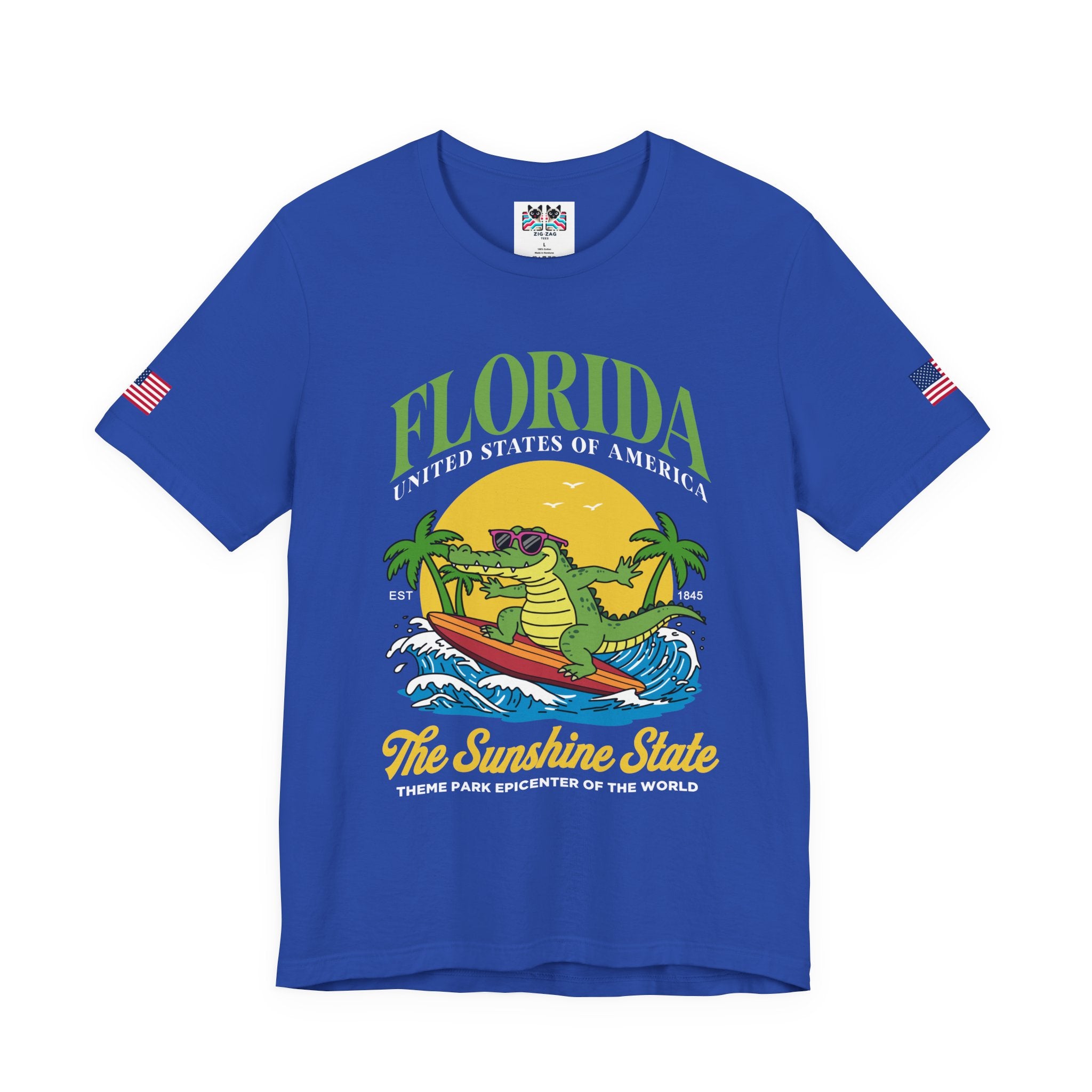 Florida Sunshine State T-Shirt – Surfing Alligator EST 1845 Theme Park Epicenter USA Tee