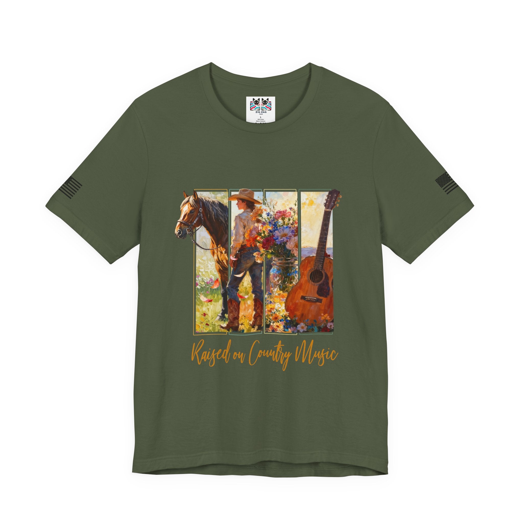 Raised on Country Music T-Shirt – Triptych Horse Cowboy Guitar Floral Illustrated Graphic Tee