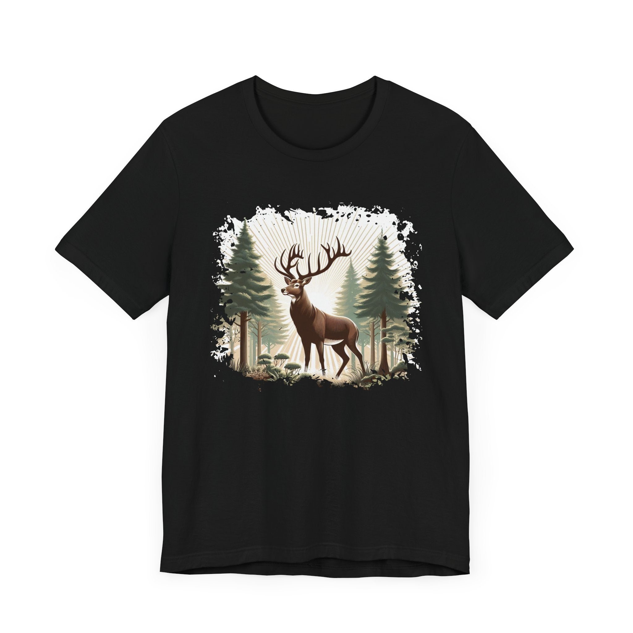 Majestic Deer with Large Antlers | Sunlight Through Foggy Forest Graphic T-Shirt