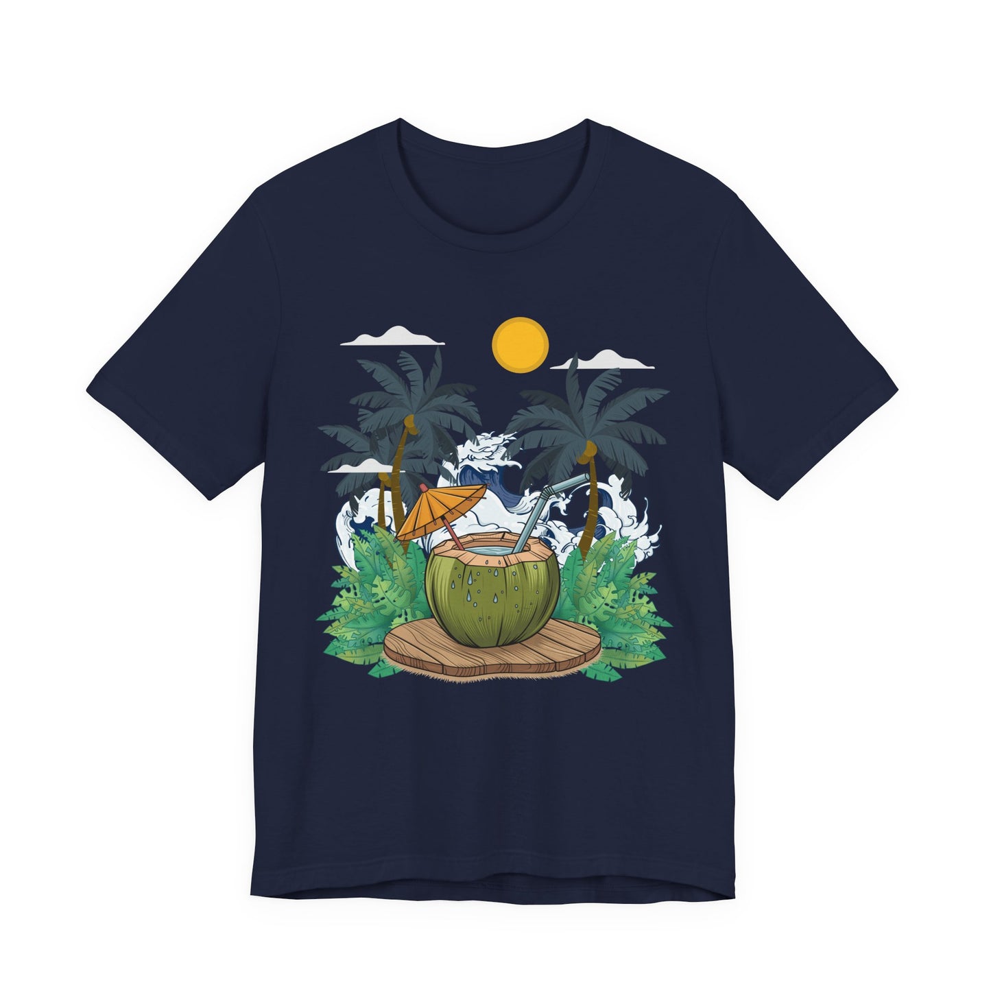 Paradise Found Tropical Refresh – Tender Coconut Drink with Palm Leaves & Ocean Waves Graphic T-Shirt