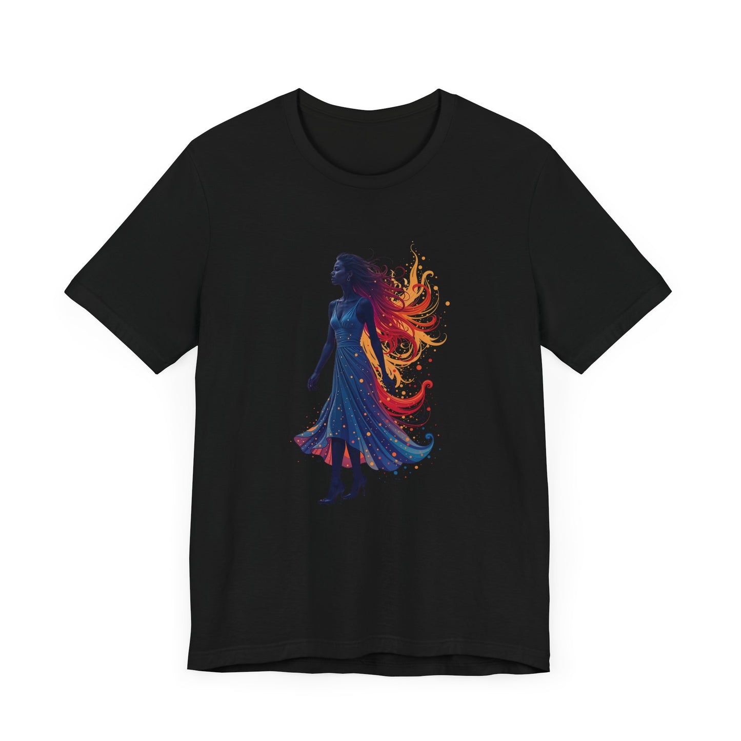 Graceful Woman with Swirling Autumn Aura – Abstract Colorful Swirl Graphic T-Shirt