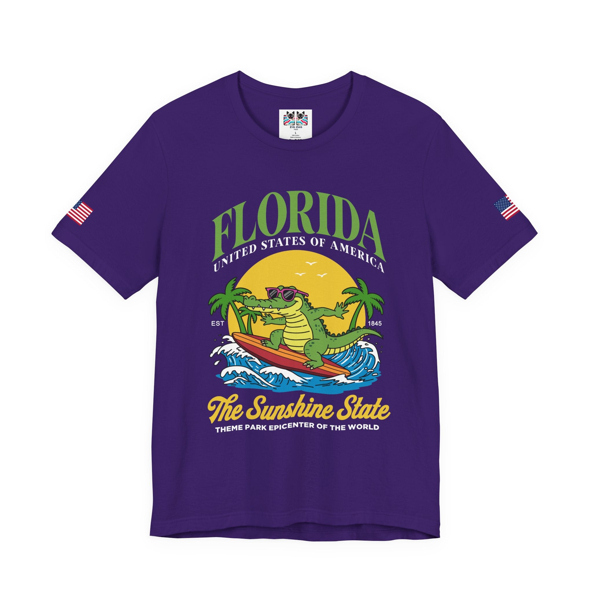 Florida Sunshine State T-Shirt – Surfing Alligator EST 1845 Theme Park Epicenter USA Tee