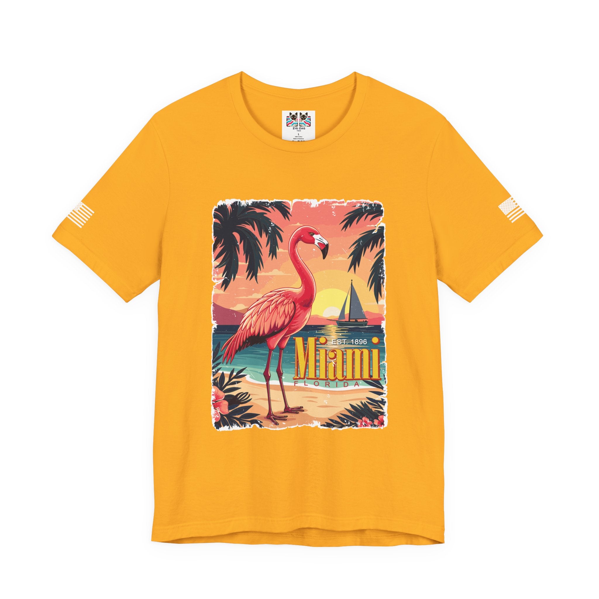 Miami Florida EST 1896 T-Shirt – Flamingo Vintage Travel Poster Beach Sunset Tee