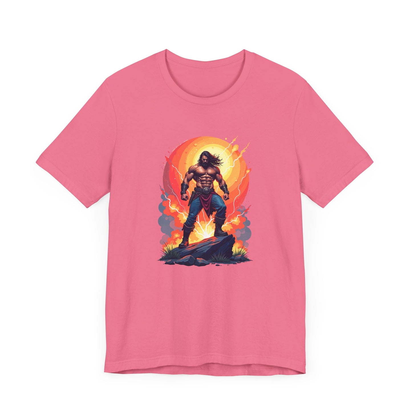 Power Unleashed – Strong Man on Rock with Lightning, Smoke & Fire Splash Graphic T-Shirt