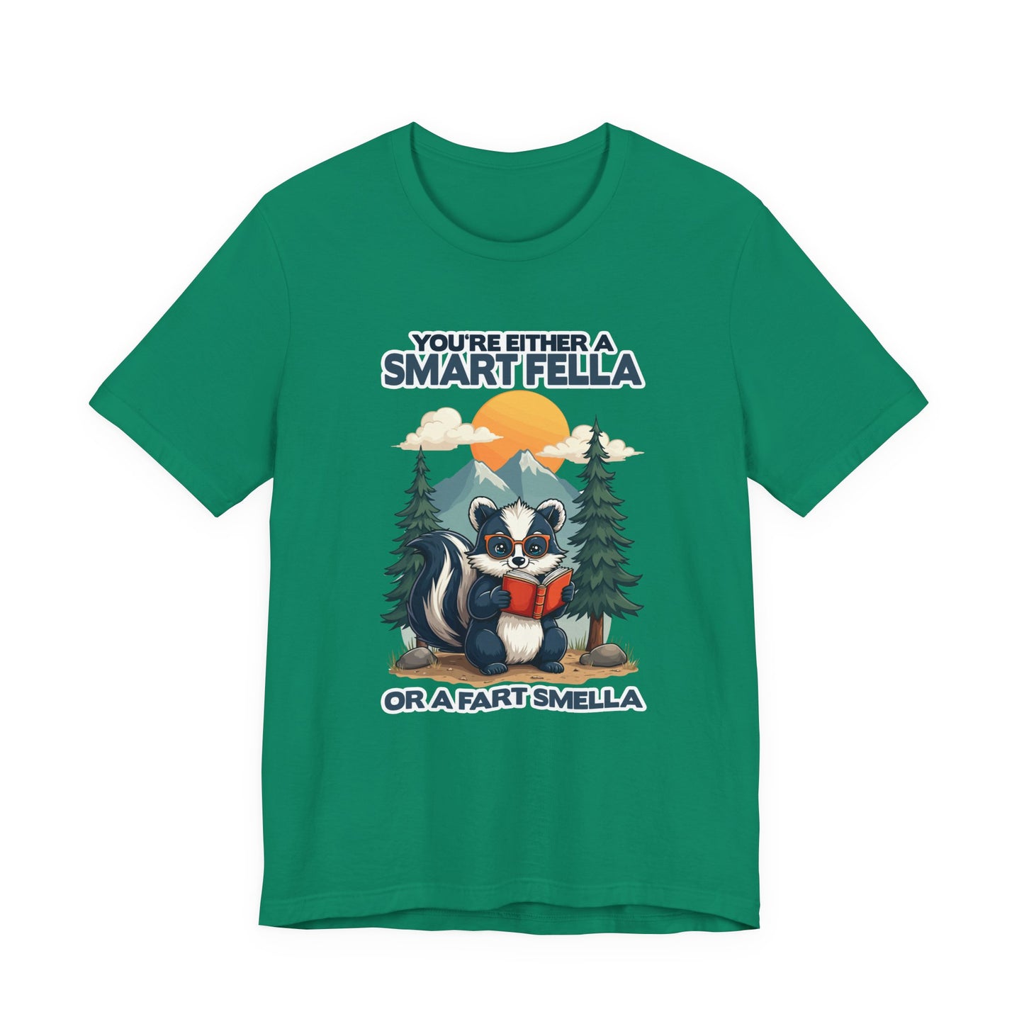 You're Either a Smart Fella or a Fart Smella Tshirt – Skunk in Colorful Space Suit with Sun & Mountain Background