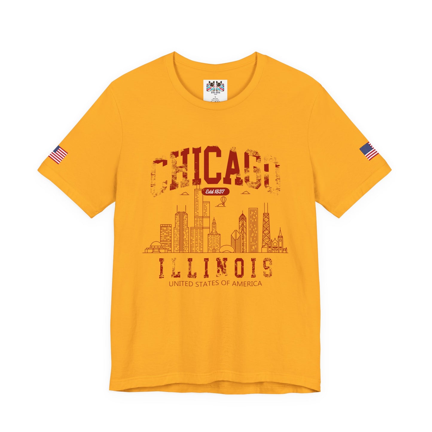 Chicago Illinois Est 1837 T-Shirt - Distressed Vintage Yellow Red Skyline USA