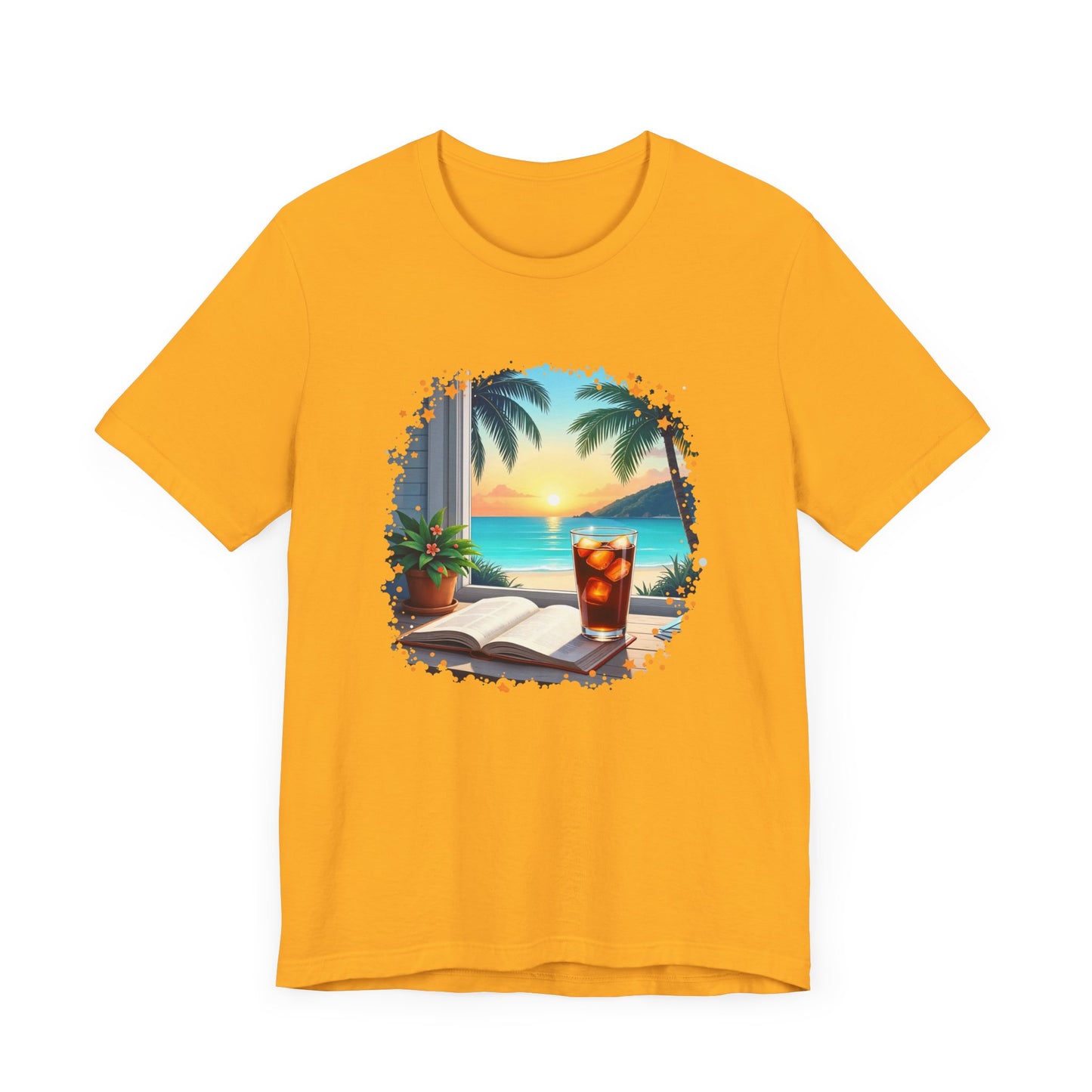 Romanticize Everything - Beachside Serenity – Table with Book, Drink & Flower Pot by Window Graphic T-Shirt