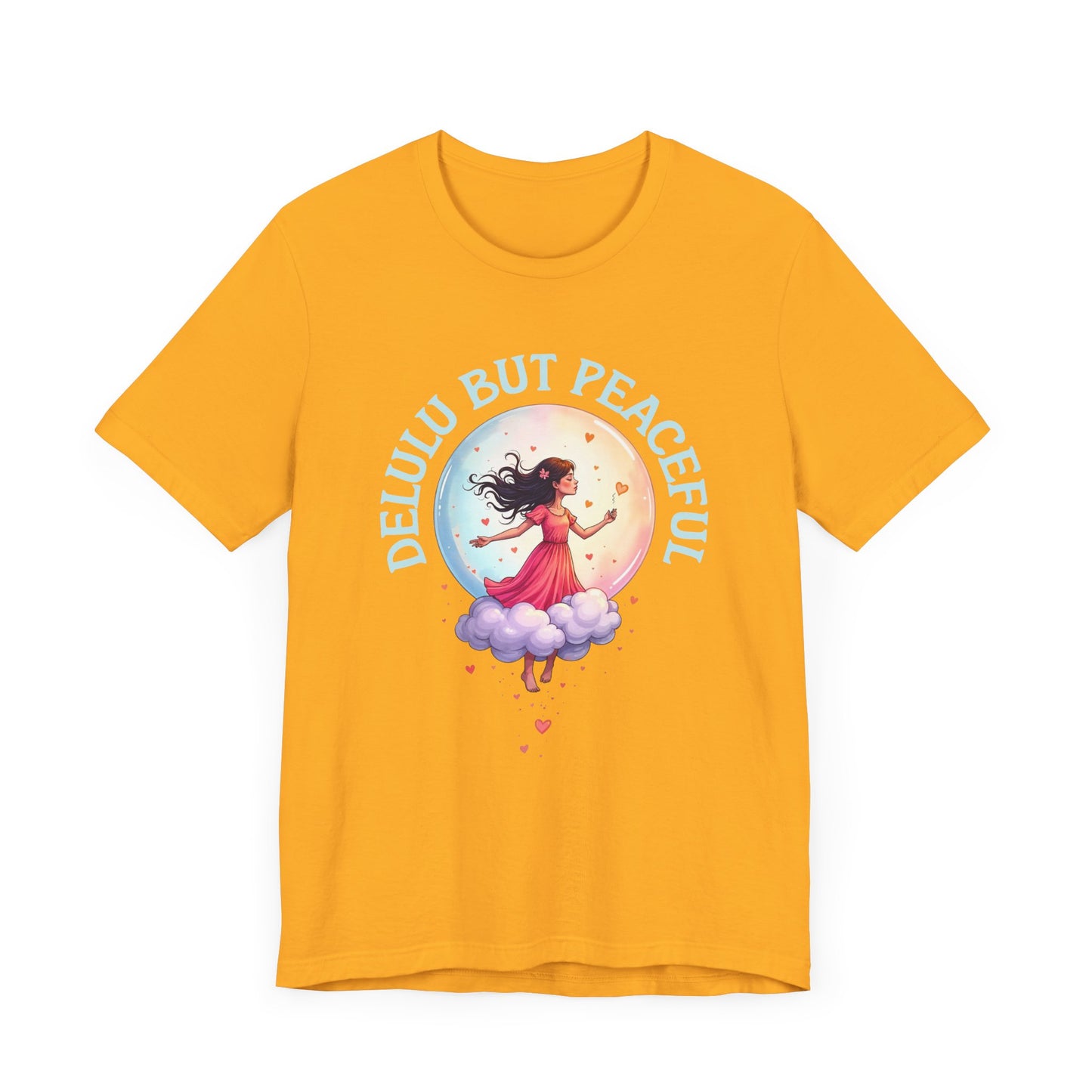 Delulu But Peaceful – Blissfully Unrealistic Floating Girl with Moon & Hearts Graphic T-Shirt