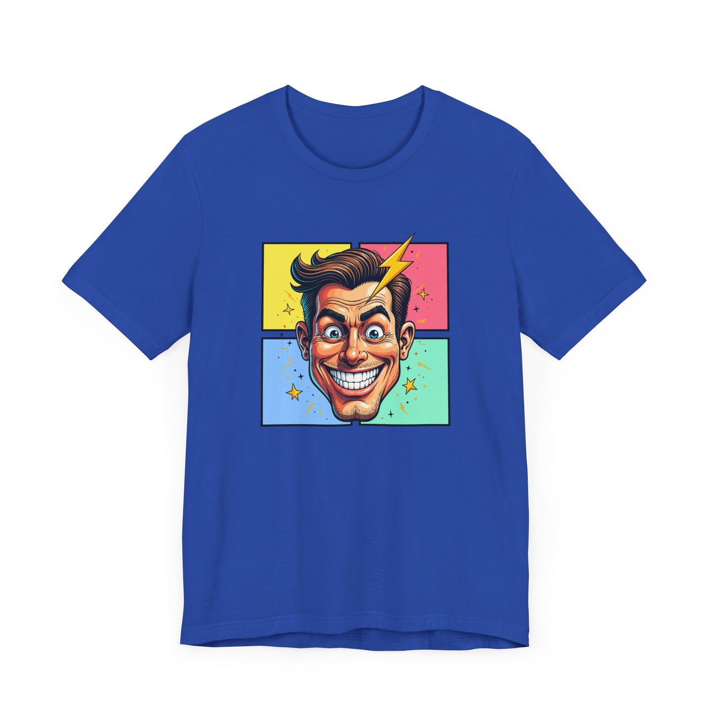 Funny Man’s Face with Lightning Forehead and Colorful Quadrant Stars Emotions Graphic T-Shirt