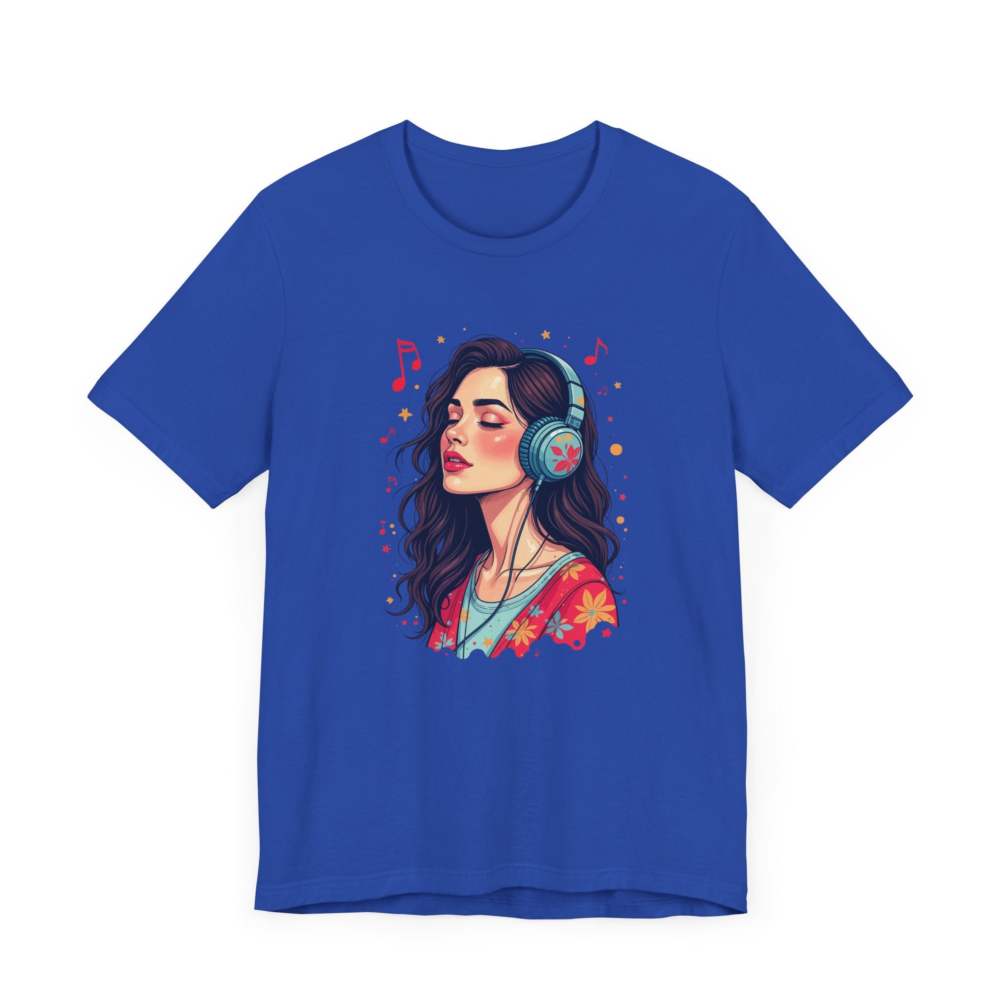 Quietly Loud – Woman with Headphones, Leaf Pattern Dress & Expressive Music Notes Graphic T-Shirt