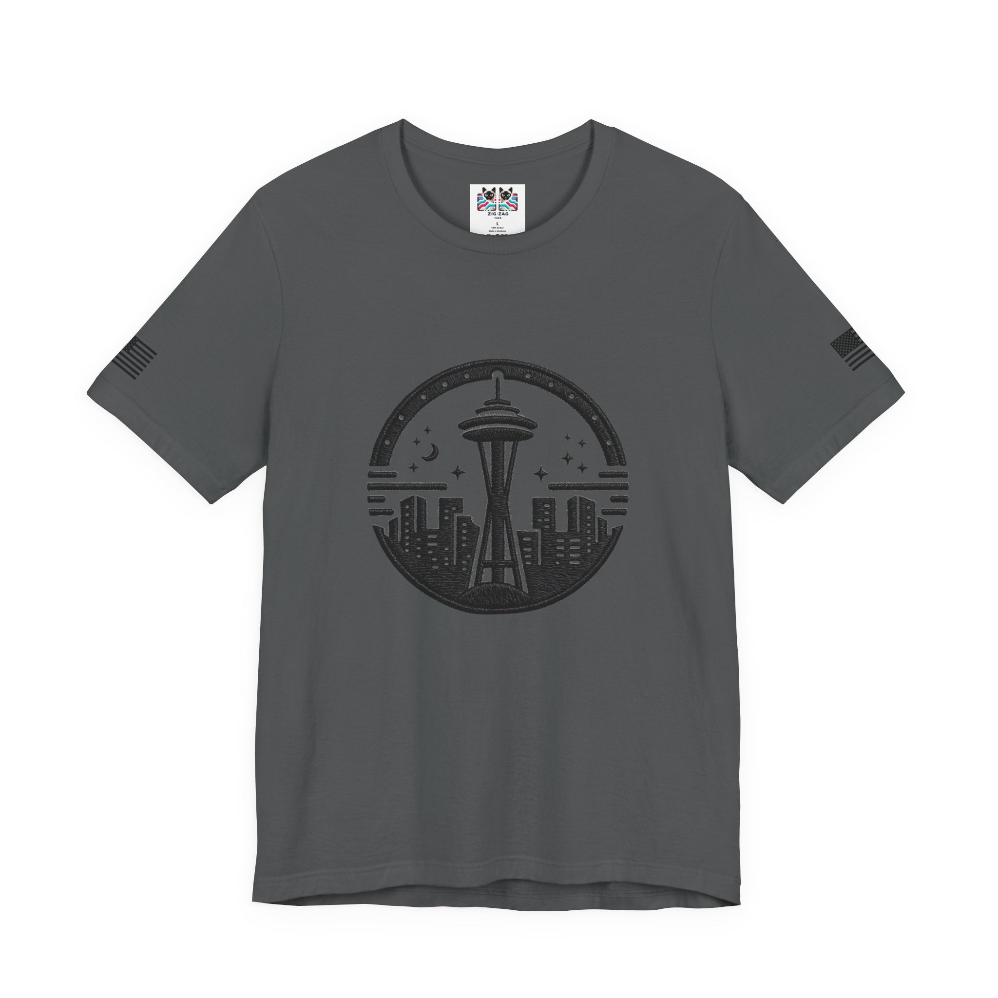 Seattle Space Needle Night Sky Circle Emblem Graphic T-Shirt | Seattle Souvenir Tee | Emerald City Emblem Shirt