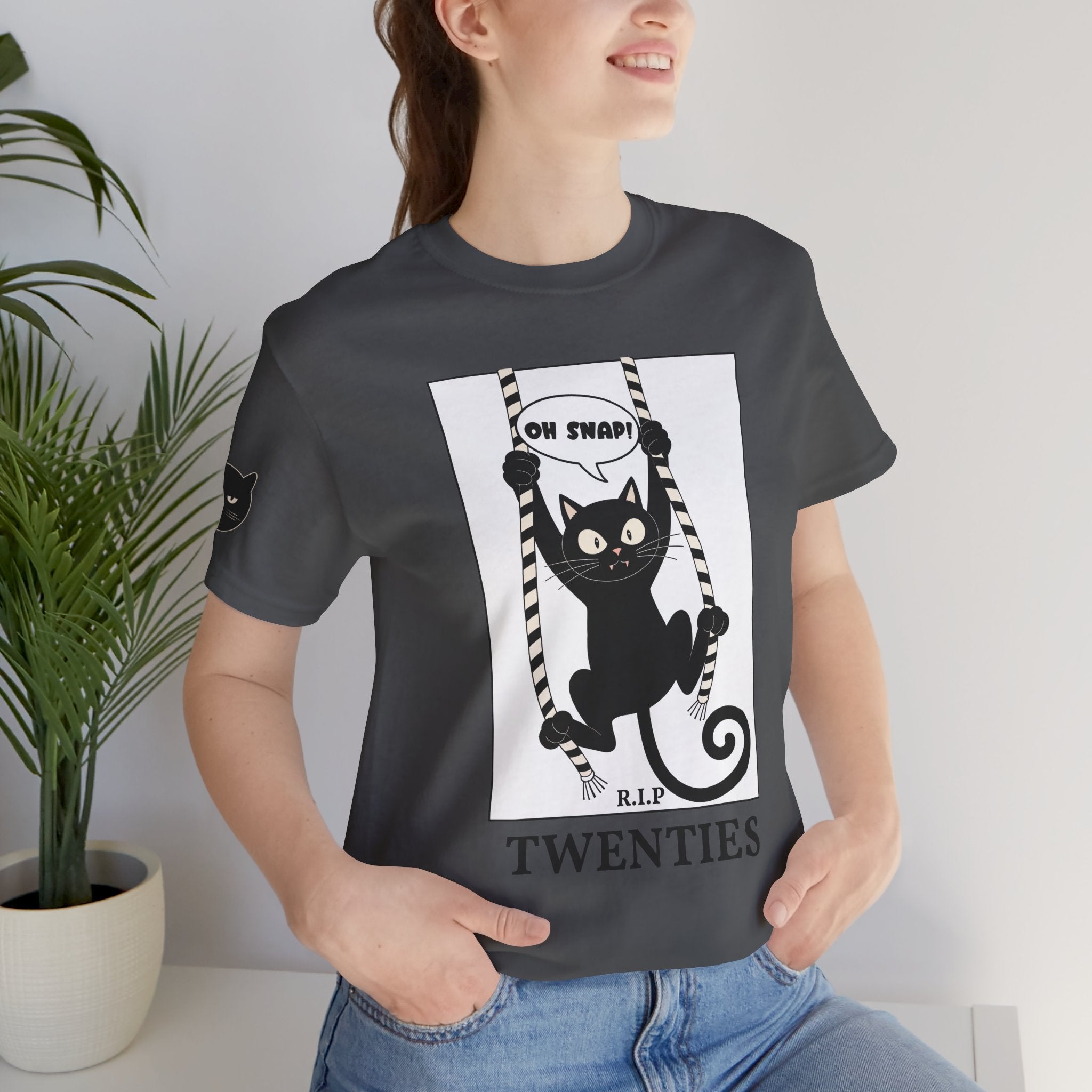 Custom T-Shirt - Oh Snap Funny Cat T-Shirt – Cat Hanging from Blinds Mischievous Kitten Humor Graphic Tee