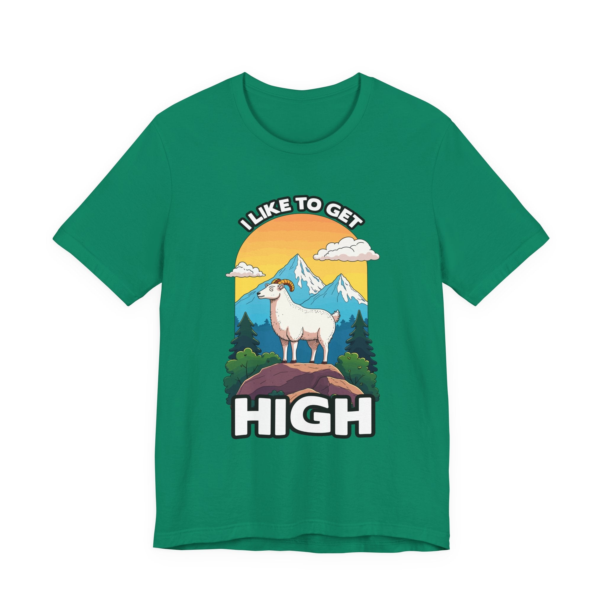 I Like to Get High Tshirt – Mountain Goat Standing on High Rock with Mountain Scenery
