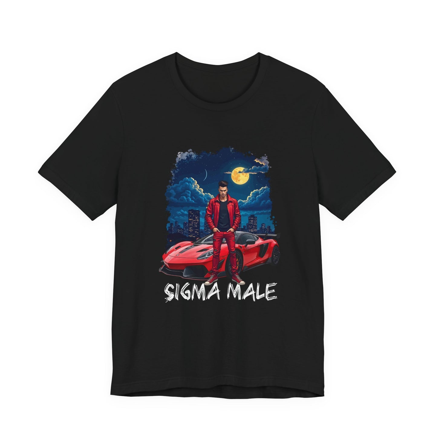SIGMA MALE – Man in Red Jacket with Racing Car and Full Moon Graphic T-Shirt
