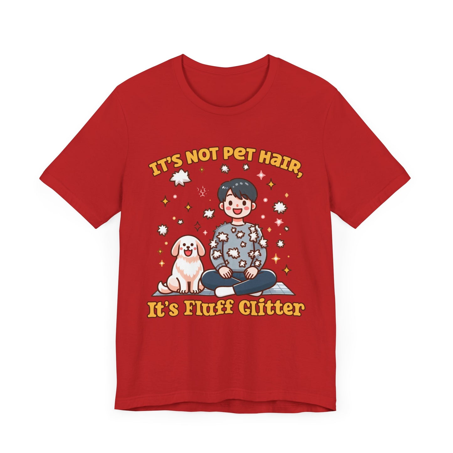 It's Not Pet Hair, It's Fluff Glitter | Smiling Puppy and Boy with Flying Hair & Glitter T-Shirt