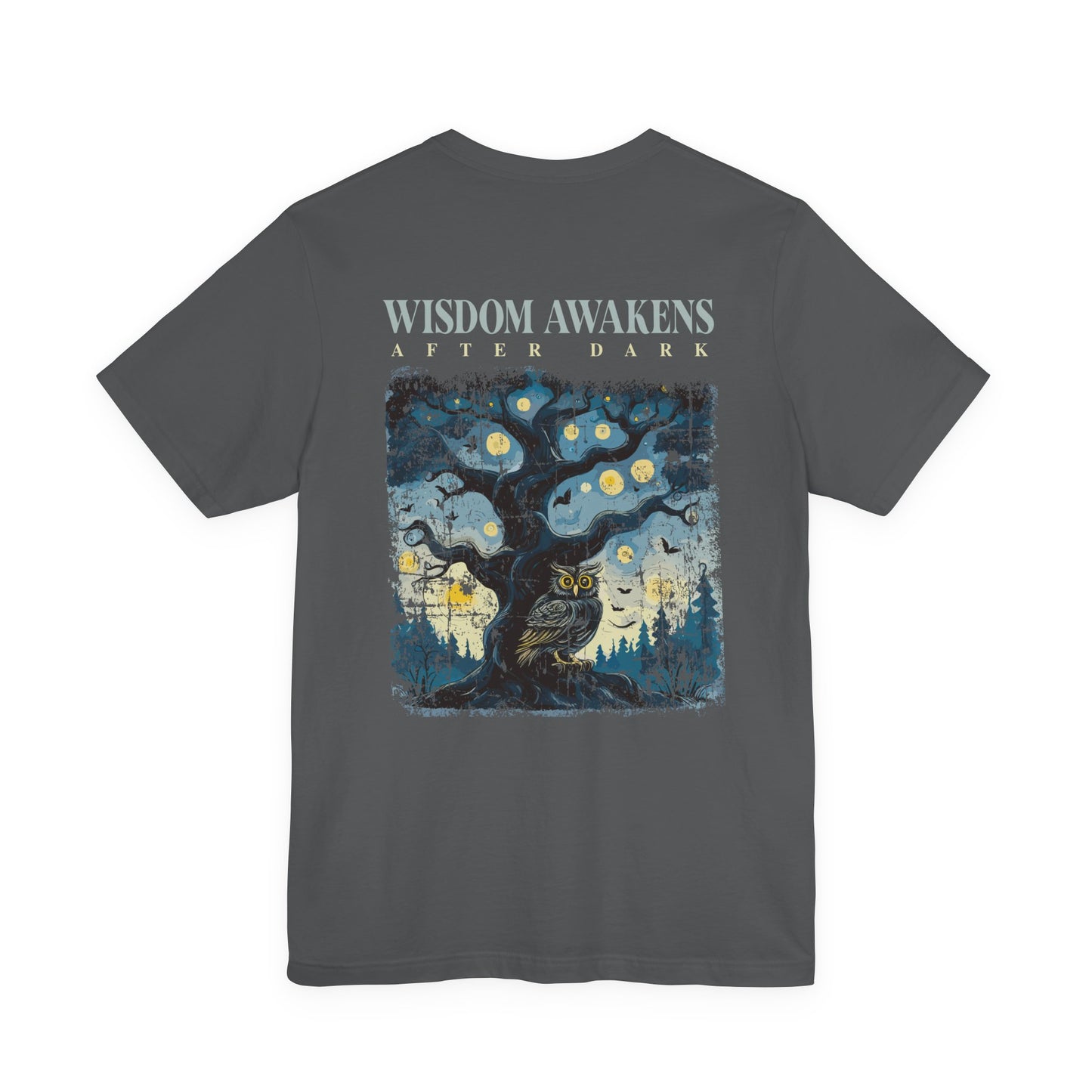 Wisdom Awakens After Dark T-Shirt – Night Owl and Moonlit Tree Graphic