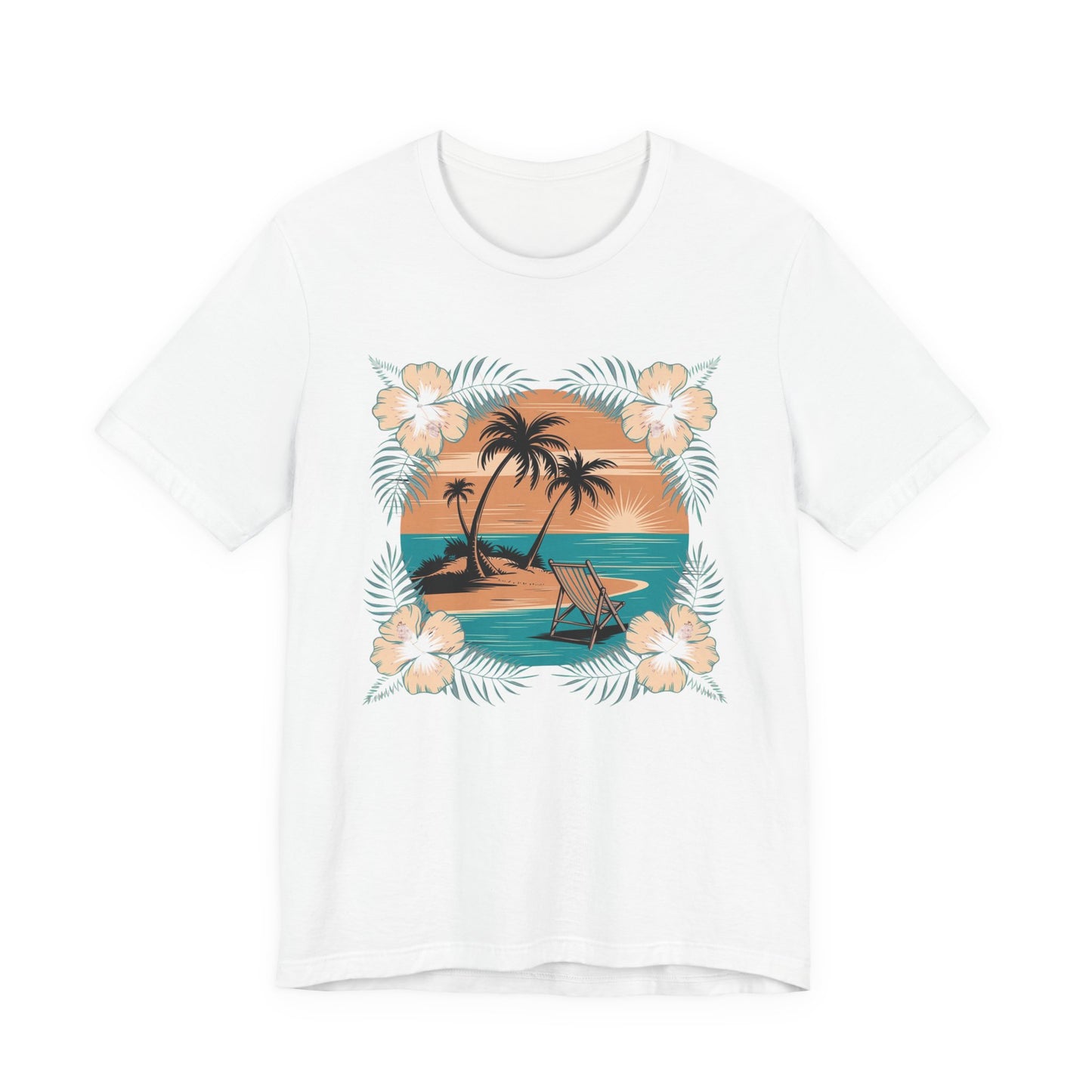 Tropical Escape – Beach Island Sunset with Floral Border Graphic T-Shirt