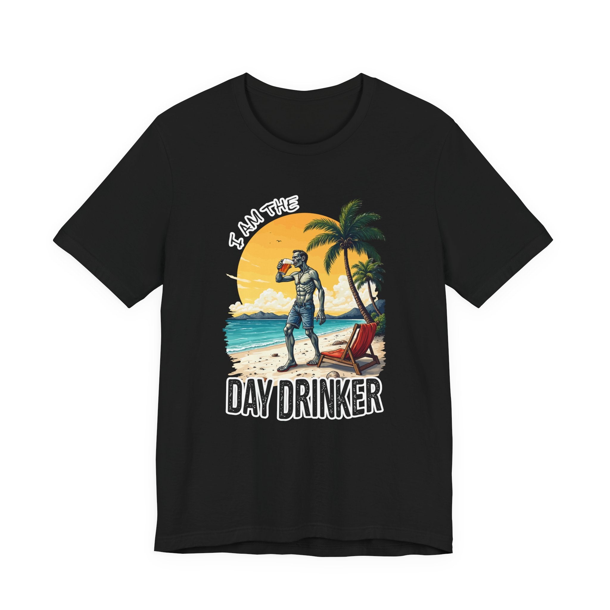 I am the Day Drinker Tshirt Zombie Beach Man with Beer, Shorts, Flip Flop & Reclining Chair