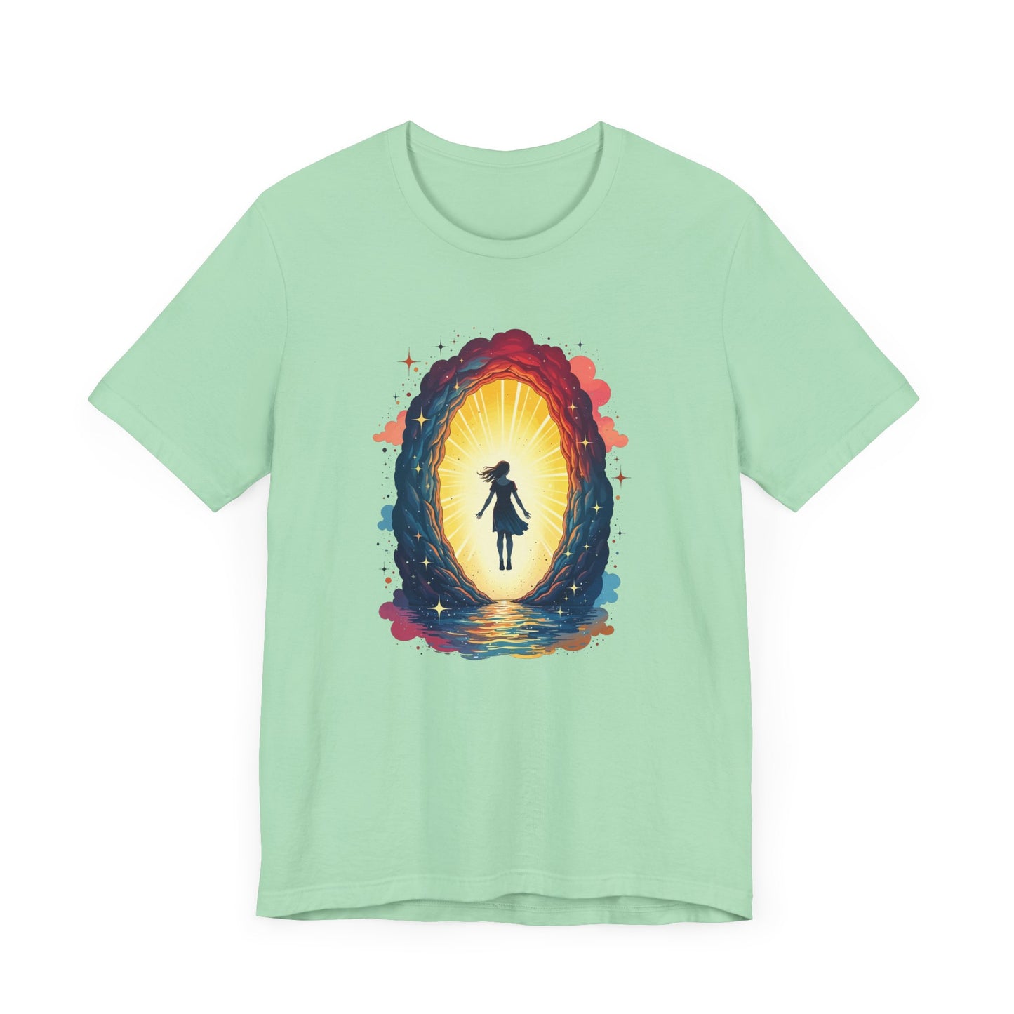 Interdimensional Chill – Floating Woman in Cosmic Portal Graphic T-Shirt
