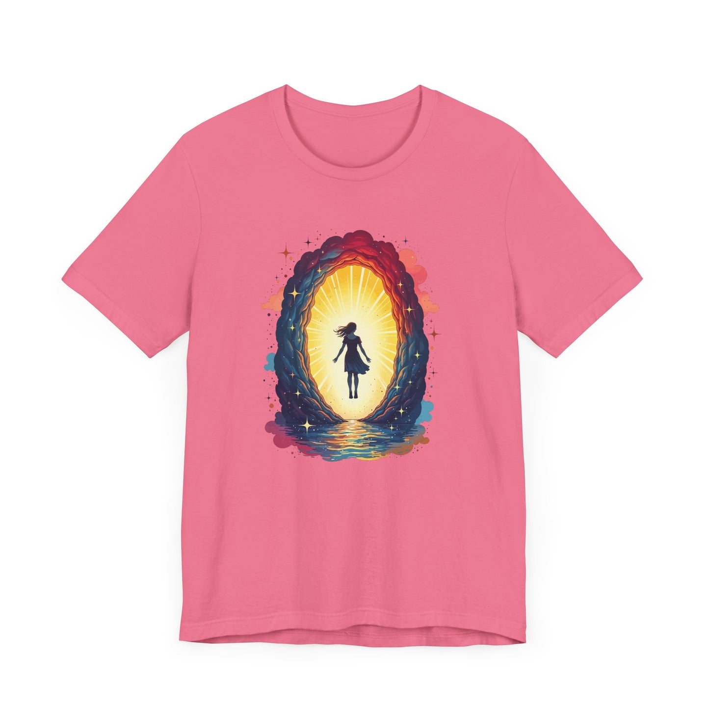Interdimensional Chill – Floating Woman in Cosmic Portal Graphic T-Shirt