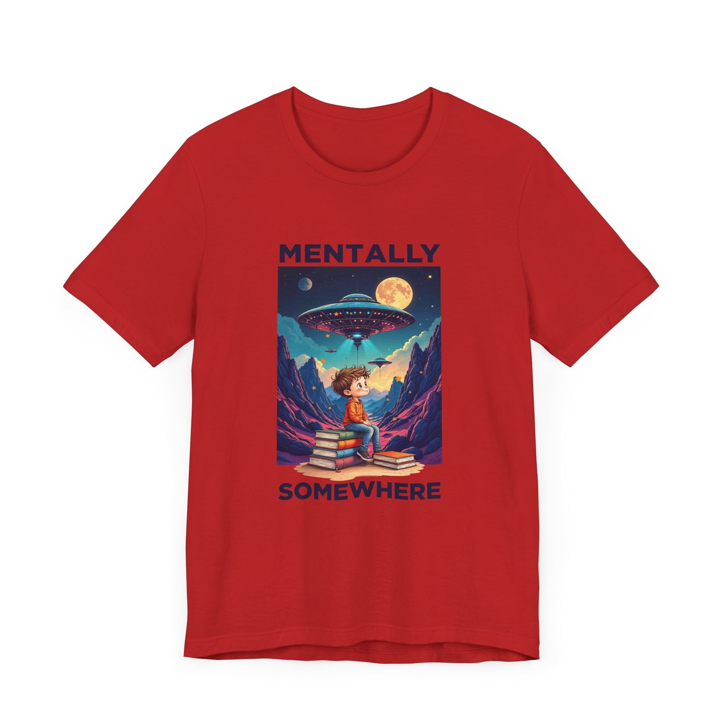Mentally Somewhere Else – Boy on Books with Space Scene Graphic T-Shirt