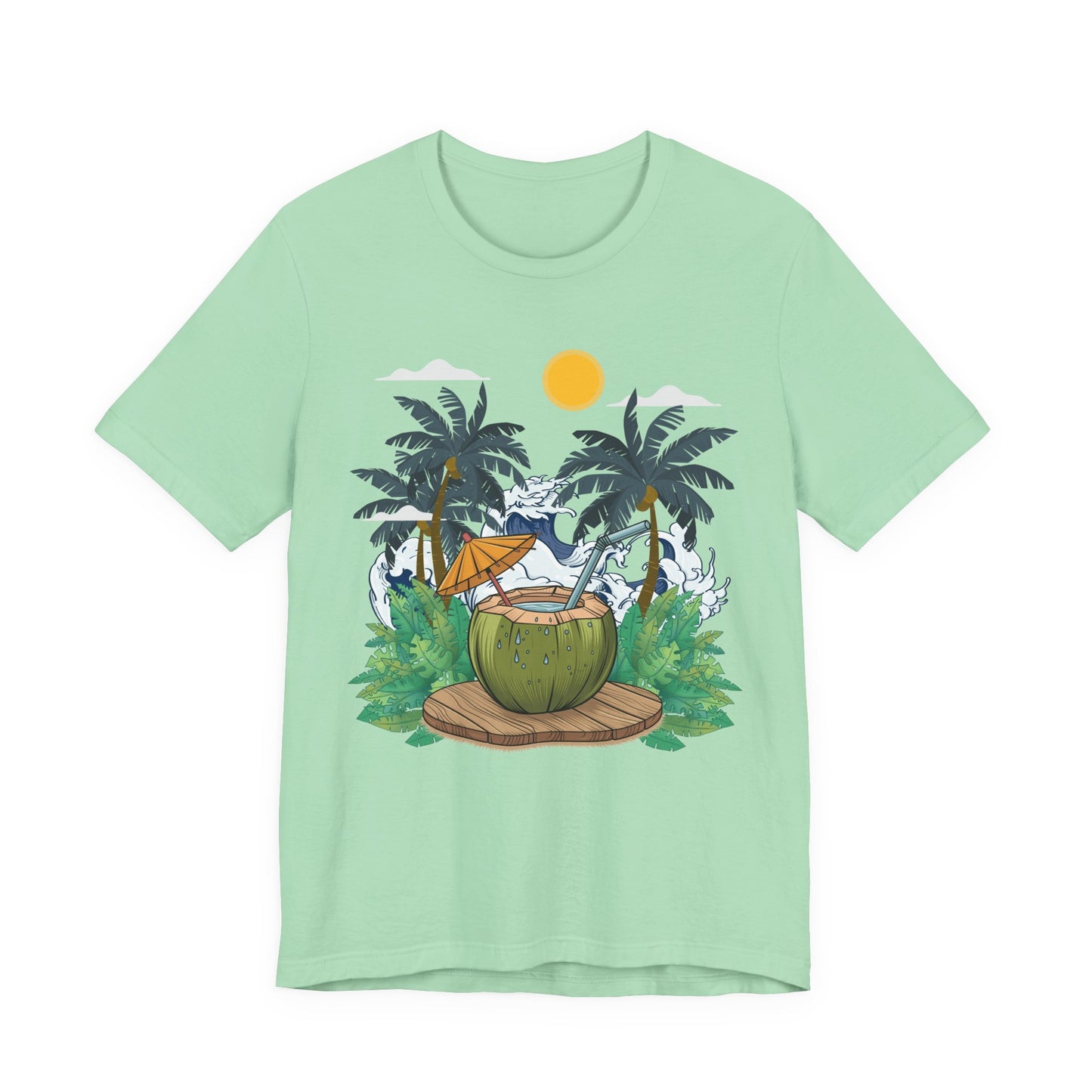 Paradise Found Tropical Refresh – Tender Coconut Drink with Palm Leaves & Ocean Waves Graphic T-Shirt