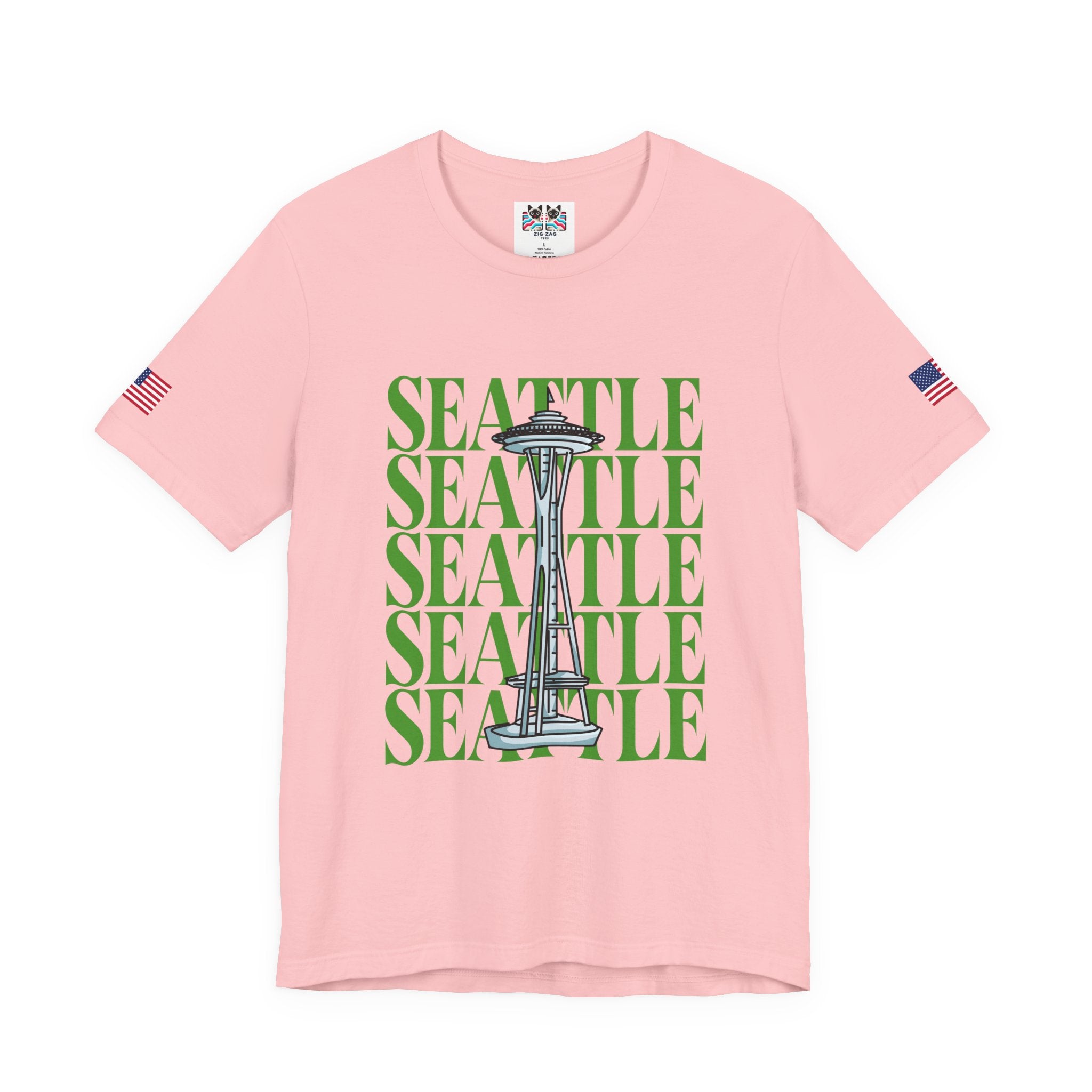 Seattle Repeated Text Space Needle Graphic T-Shirt | Seattle Washington Souvenir Tee | Space Needle Pride Shirt